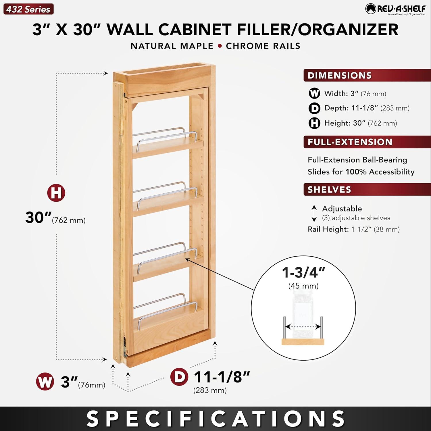 Rev-A-Shelf Pullout Wall Filler Between Cabinet Shelf Storage 3"x30", 432-WF-3C