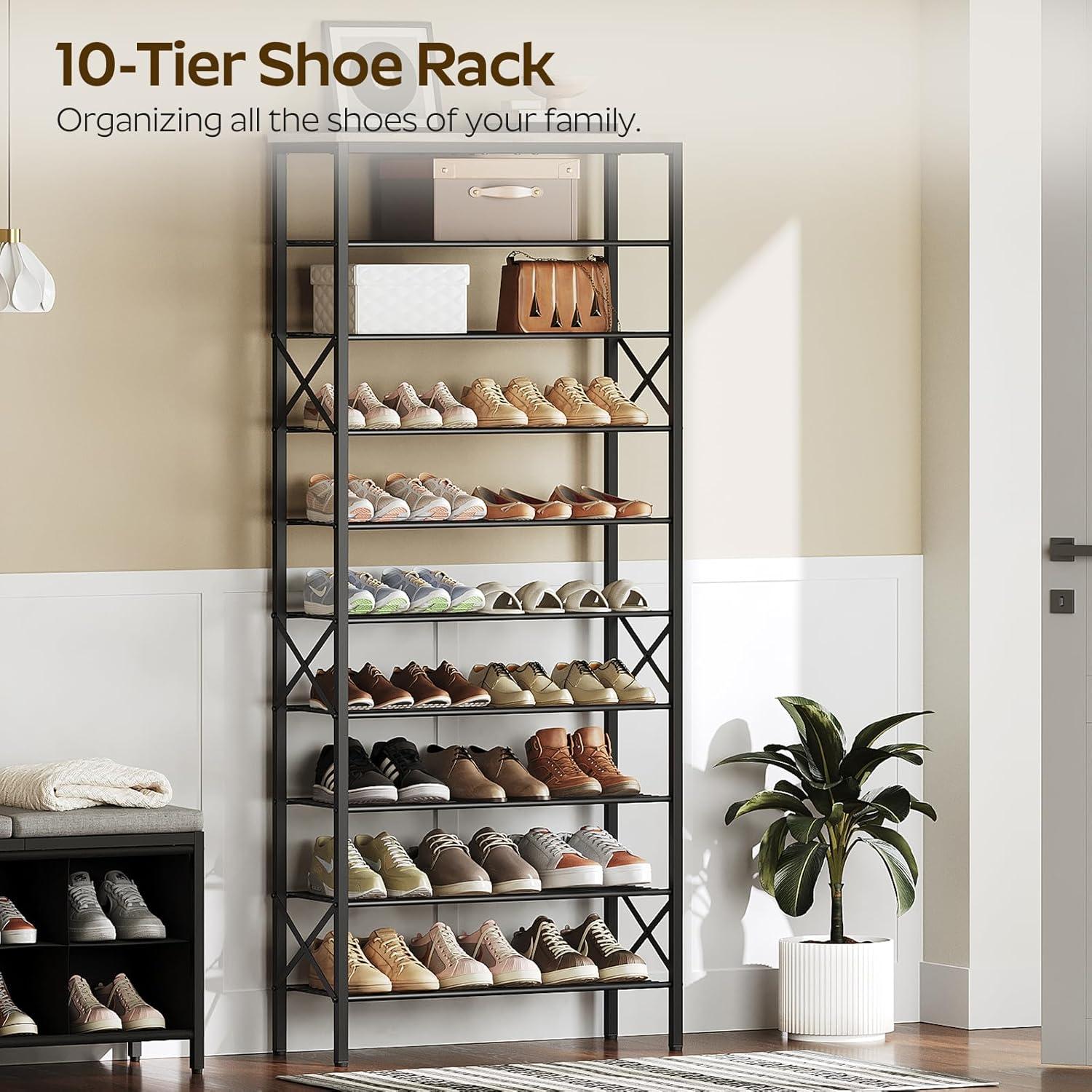 Industrial Brown and Black 10-Tier Metal Shoe Rack