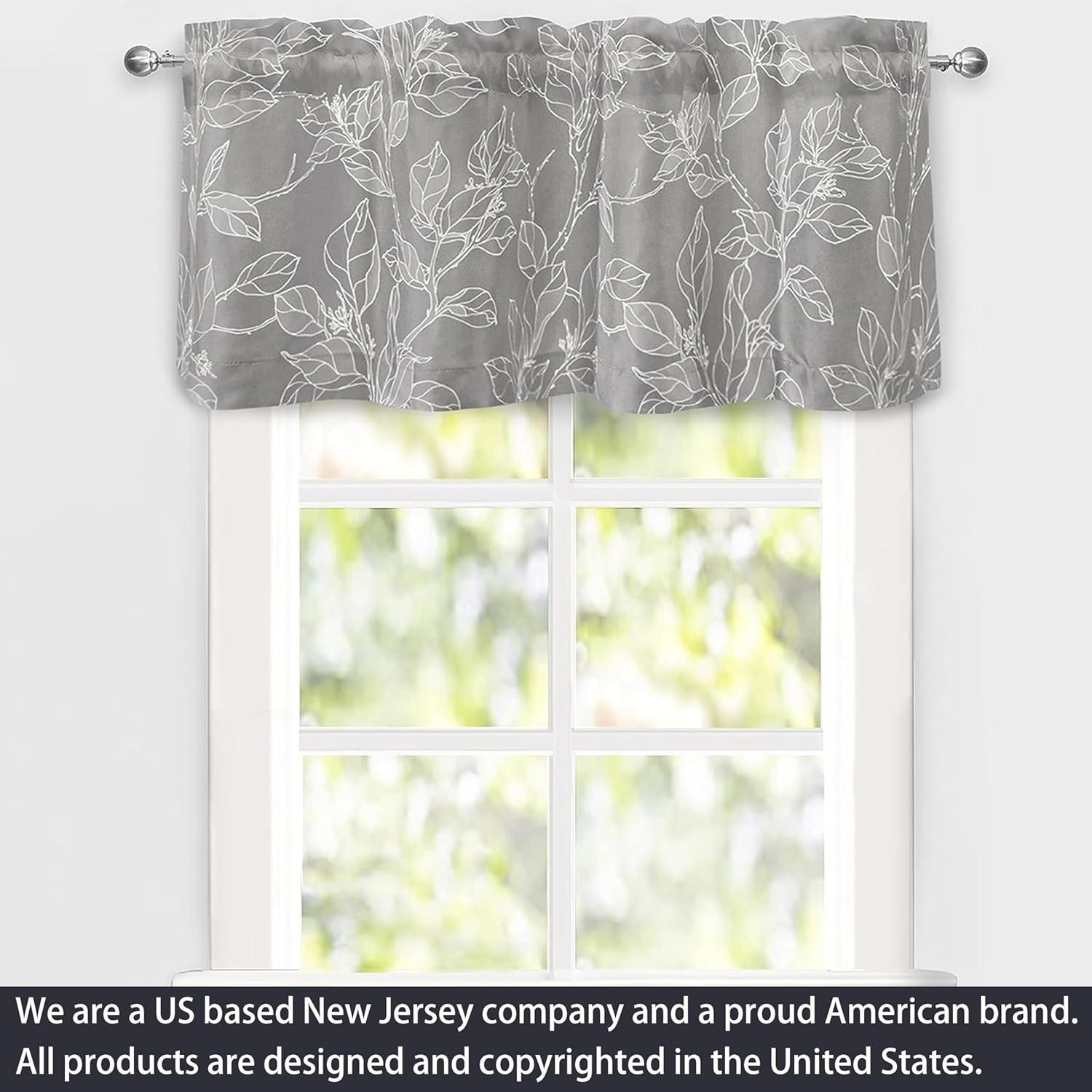 DriftAway Ryan Sketch Flower Floral Branch Leaves Lined Thermal Insulated Window Curtain Valance Rod Pocket, 52" x 18" Plus 2" Header, Gray