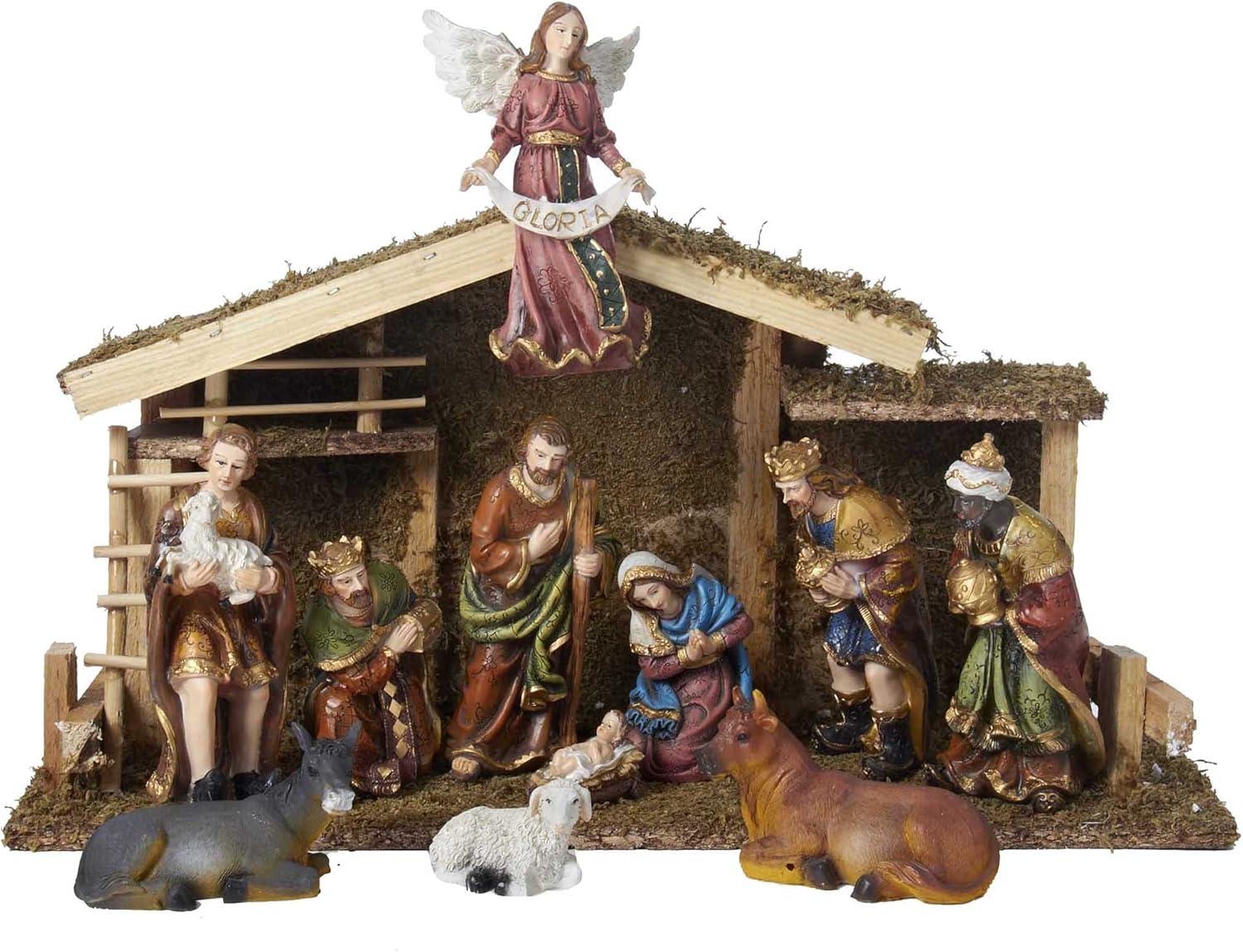 12-Piece Traditional Nativity Set with Wooden Stable