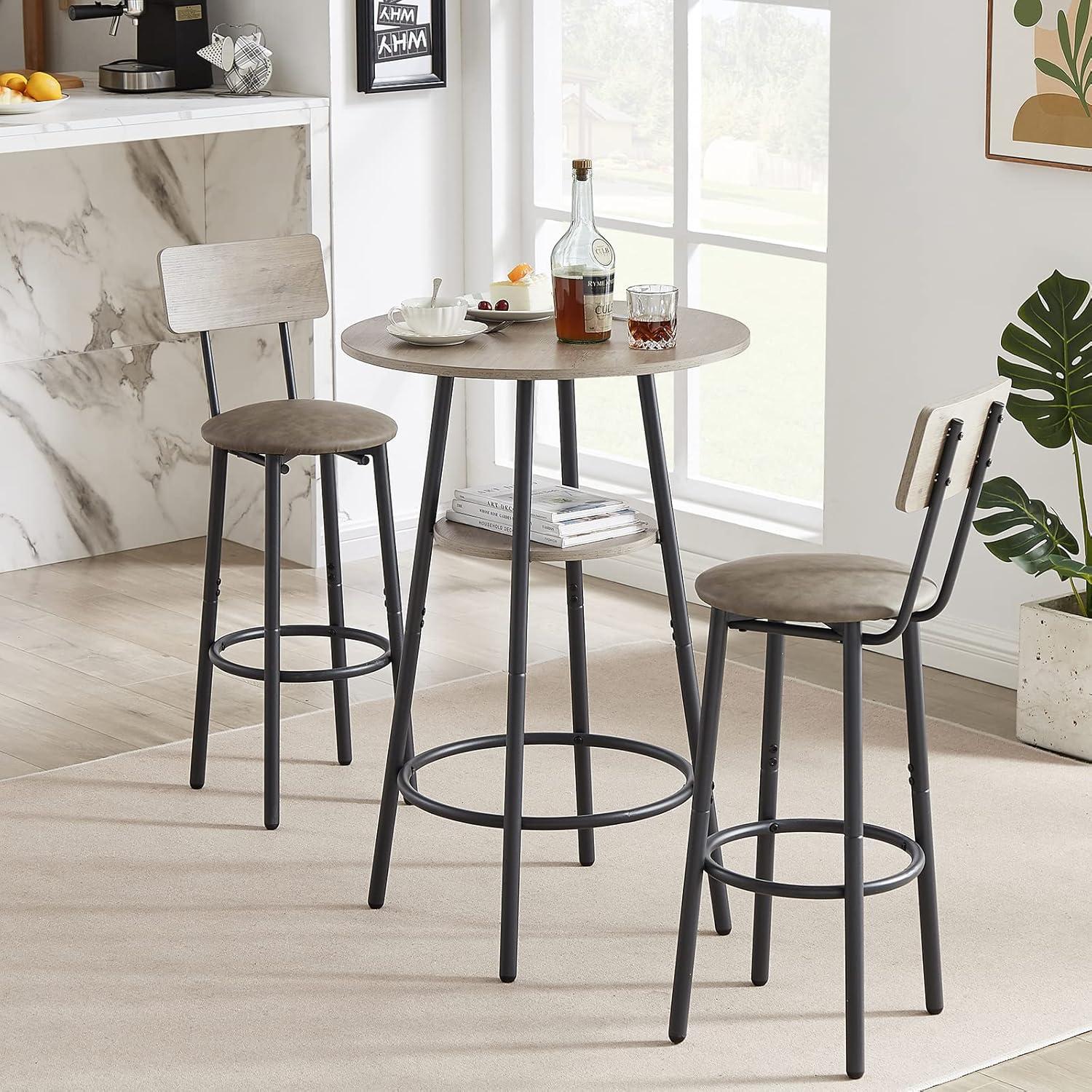 Modern Bar Table Set, SYNGAR Kitchen Table and Chairs for 2, 3 Piece Counter Height Dining Set with 2 Cushioned Stools, Round Long Bistro Pub Table Set, Breakfast Dining Table Set, Gray