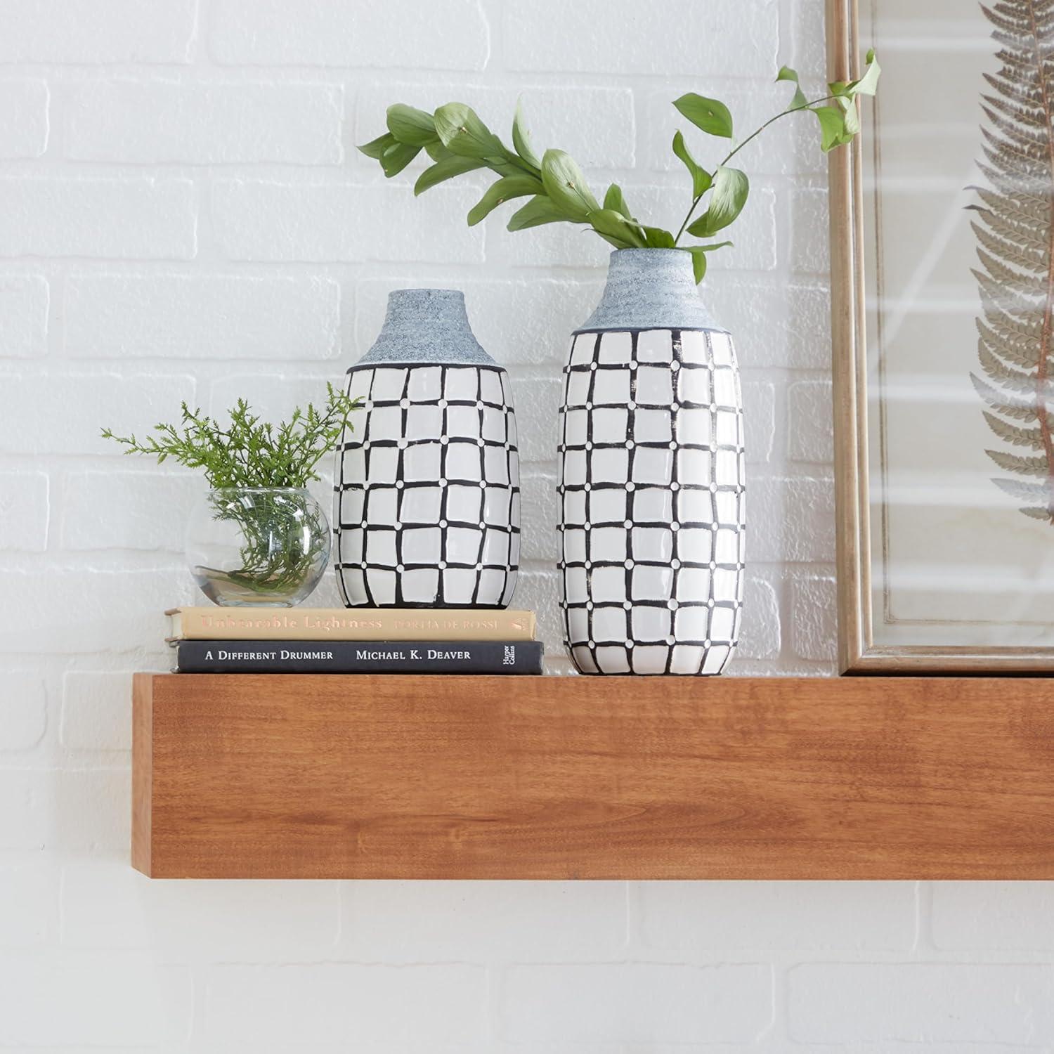 Coastal Charm White Ceramic Vase Duo with Grid Pattern