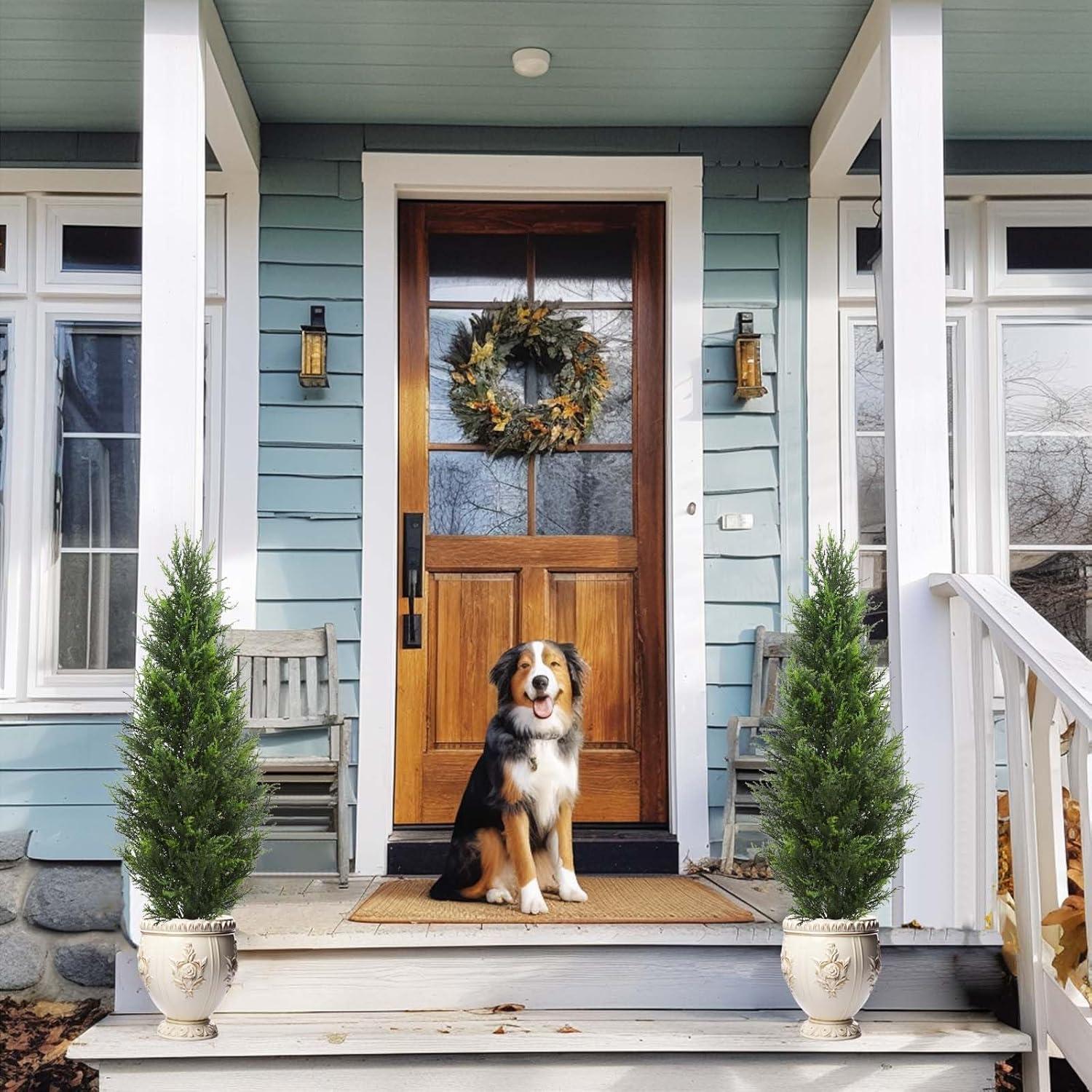 2 Pack 3ft Artificial Cedar Topiary Trees for Outdoors, Fake Cypress Plants with Solar Light String, Faux uv resistant Plants for Home Front Porch Decor, Housewarming Gift