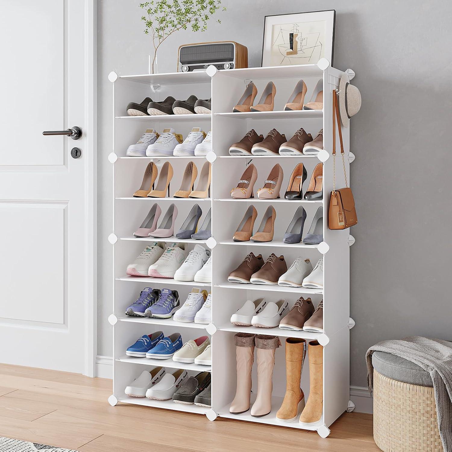 Shoe Rack, 8 Tier Shoe Storage Cabinet with Door, 32 Pair Shoe Organizer Shelves for Closet Hallway Bedroom Entryway, White