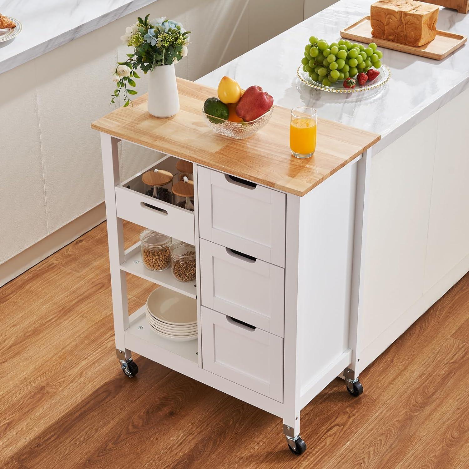 White Wood Kitchen Cart with Spice Rack and Storage