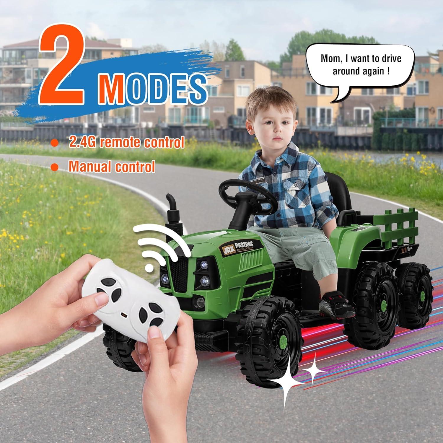 HNH 12V Ride on Tractor with Trailer,12V Battery Powered Electric Tractor Toy with Remote Control,Electric Car for Kids,Three Speed Adjustable,Power Display, Bluetooth,LED Light