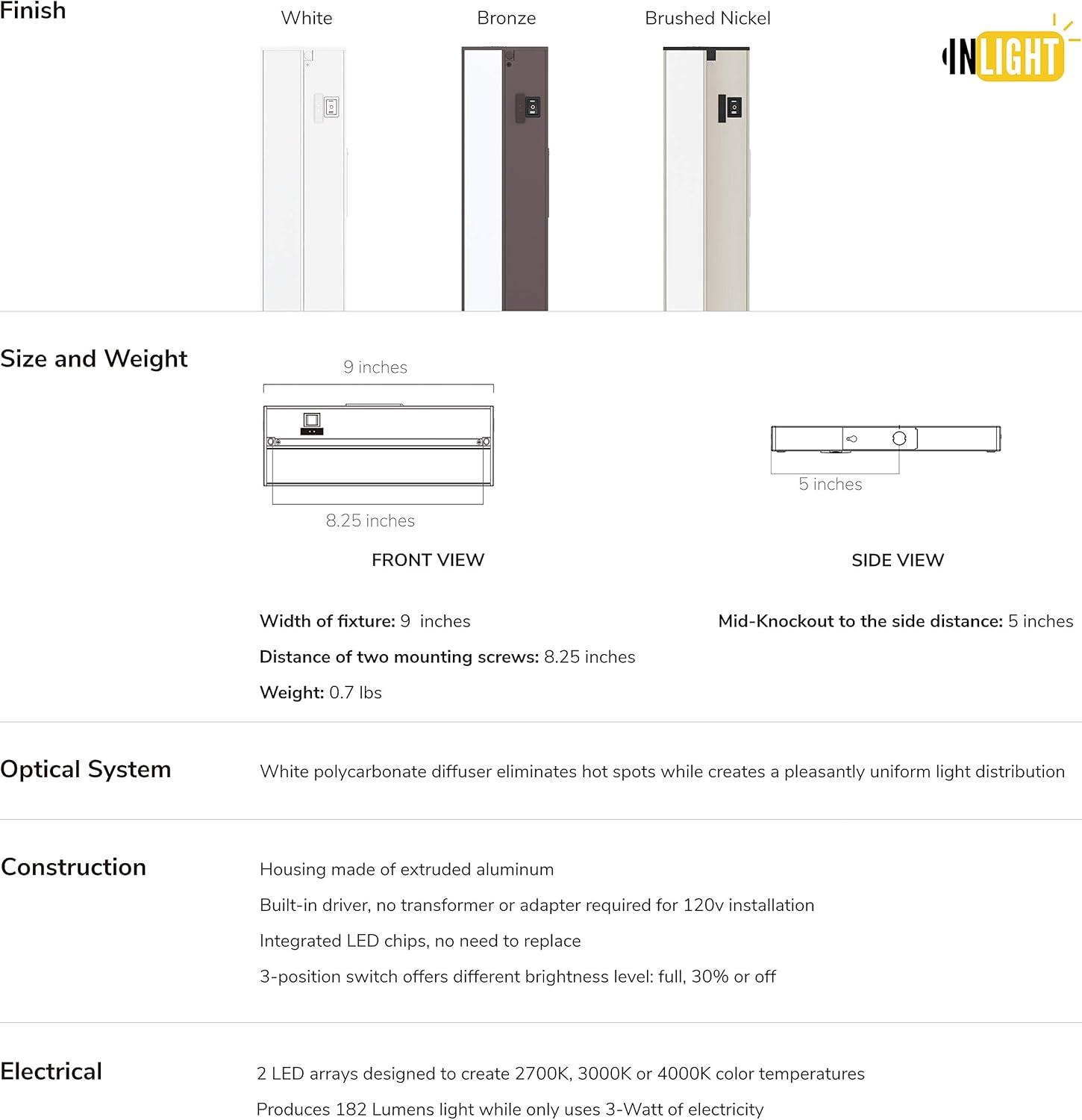 Inlight 9-inch 3 Color Levels Dimmable LED Under Cabinet Lighting, 2700K/ 3000K/4000K