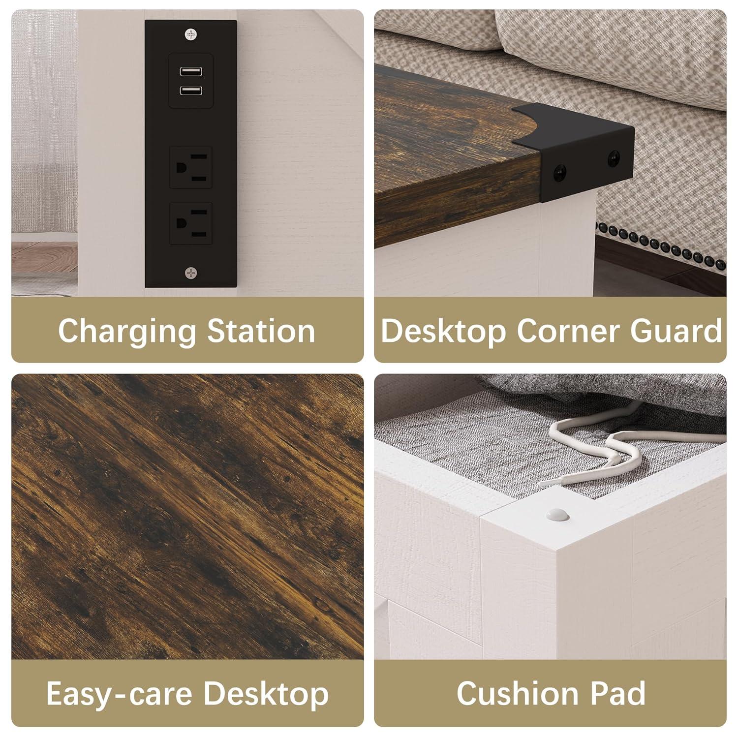 35'' Farmhouse Lift Top Coffee Table, Coffee Table with Storage and Large Hidden Storage, Square Coffee Table with Charging Station&USB Ports