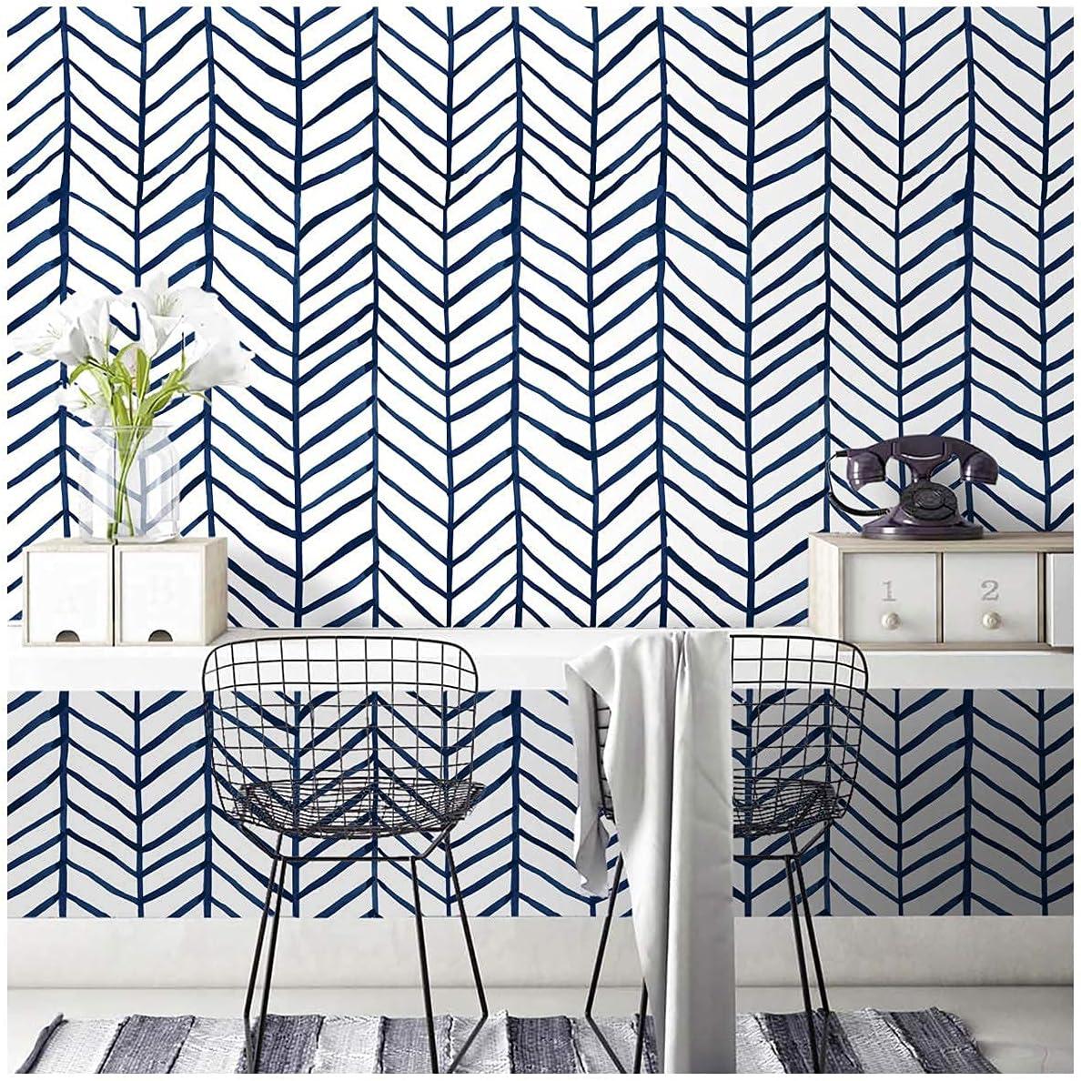 HAOKHOME Blue Wallpaper Navy Peel and Stick Wall Paper Modern Stripe for Bathroom Herringbone Removable Decoration 17.7in x 32.8ft