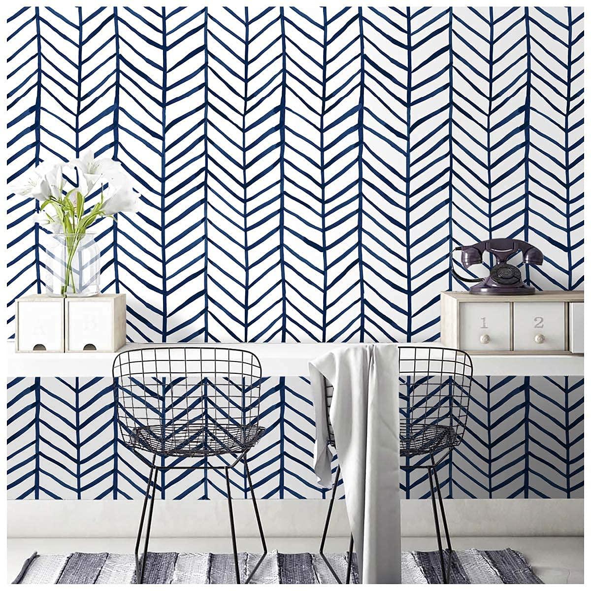 HAOKHOME Blue Wallpaper Navy Peel and Stick Wall Paper Modern Stripe for Bathroom Herringbone Removable Decoration 17.7in x 32.8ft