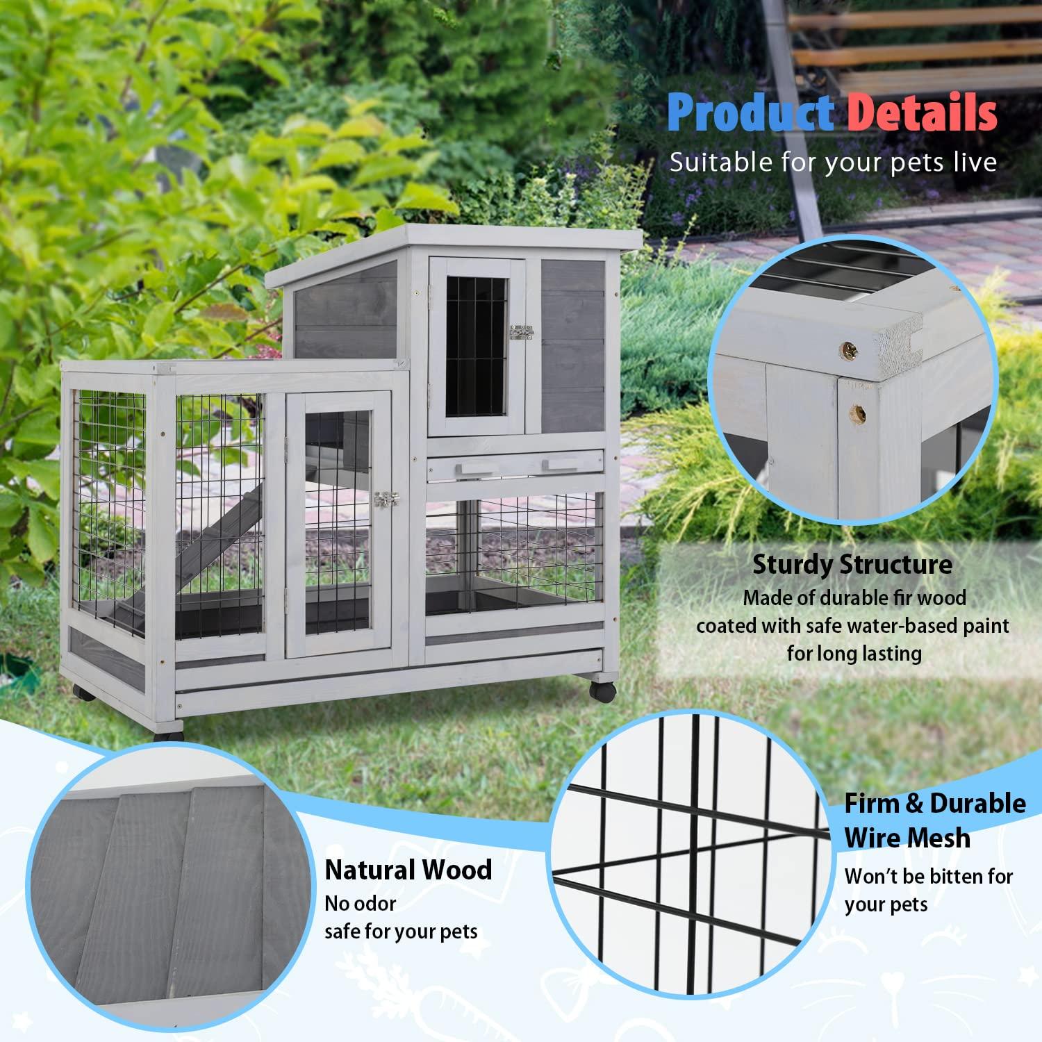 BestPet Rabbit Cage Wooden Rabbit Hutch Two Layers Chicken Coop Outdoor Indoor Guinea Pig Cage Bunny Cage Waterproof Roof Bunny Hutch with Casters and Tray