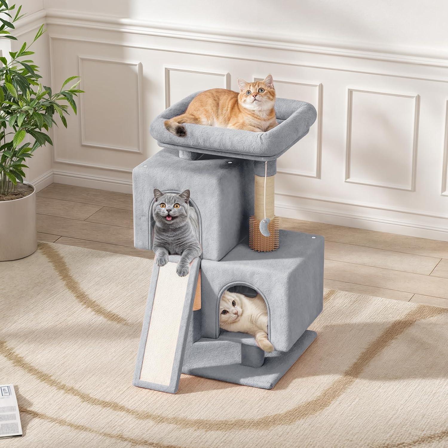 Magshion 34-in Cat Tree & Kittens Play House, Double Level Plush Cat Condo for Indoor Cats, Light Gray