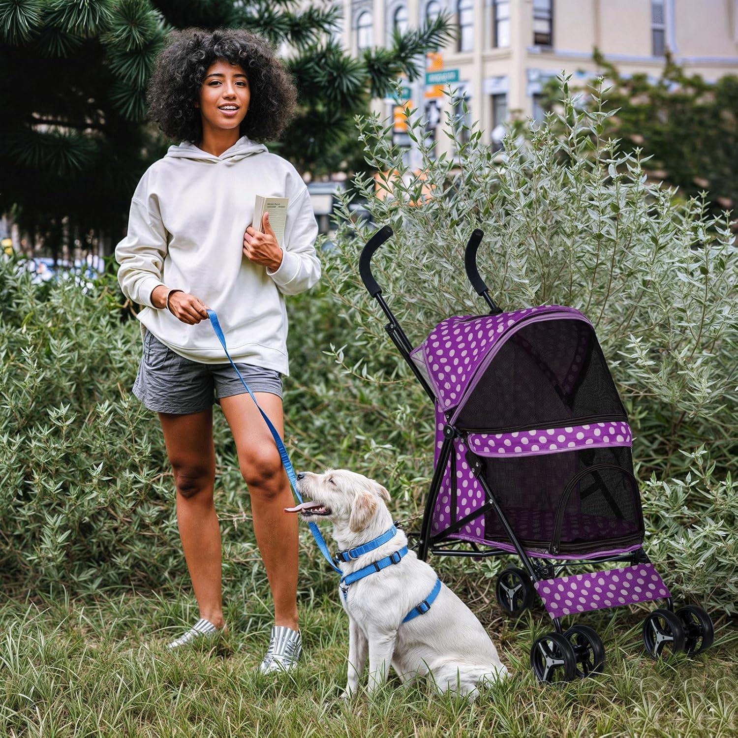 Magshion Foldable Lightweight Pet Trolley for Pet Cats & Dogs, 4 Wheel, Purple with White Polka Dots