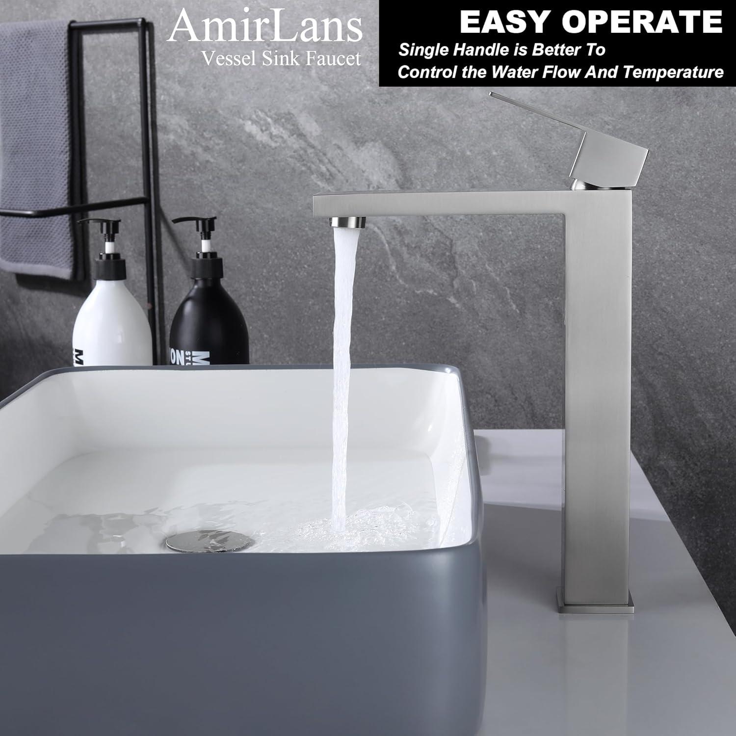 Gold Vessel Sink Faucet, Brushed Gold Tall Single Handle Bathroom Vessel Sink Faucet 1 Hole, Modern Stainless Steel Restroom Vanity Faucet with Metal Pop Up Drain and Water Supply Hose