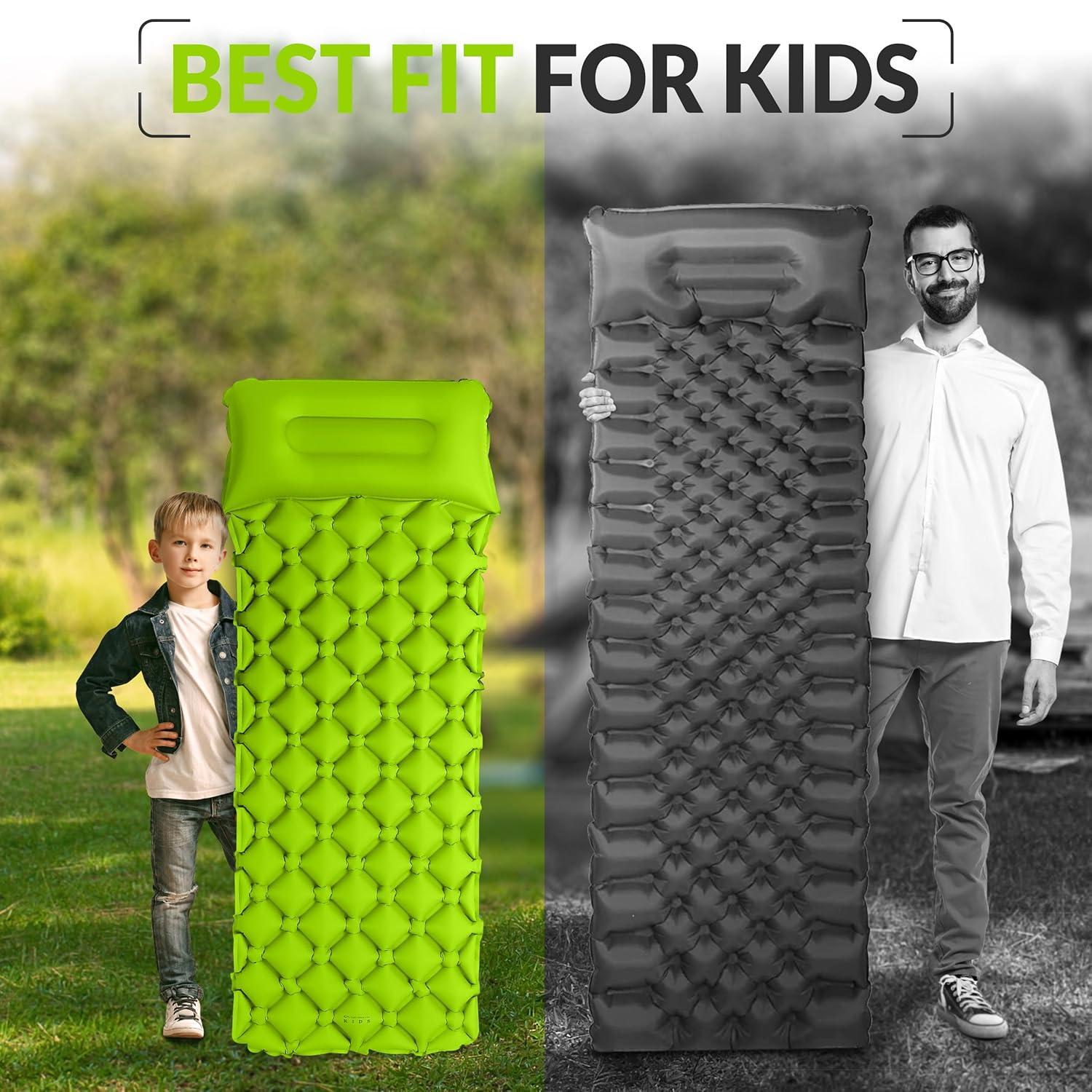 Kids Sleeping Pad for Camping and Sleepovers with Pillow, Inflatable Camping Mattress for Backpacking & Travel, Thick Toddler Cot Mat, Fast Inflating Camping Sleeping Pads for Kids