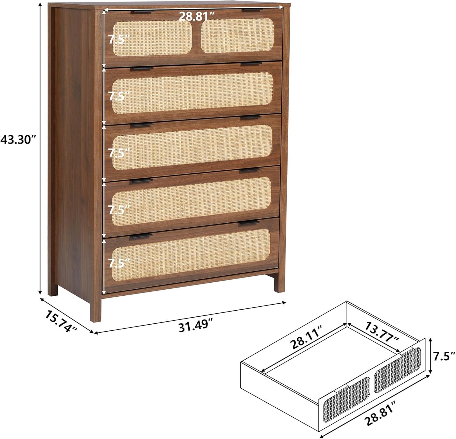 Walnut 5-Drawer Dresser with Rattan Fronts and Metal Handles