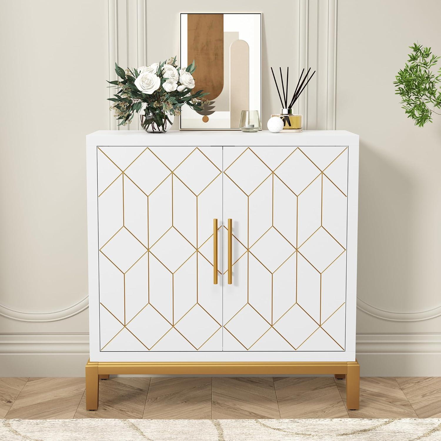 White and Gold Geometric Wooden Accent Cabinet