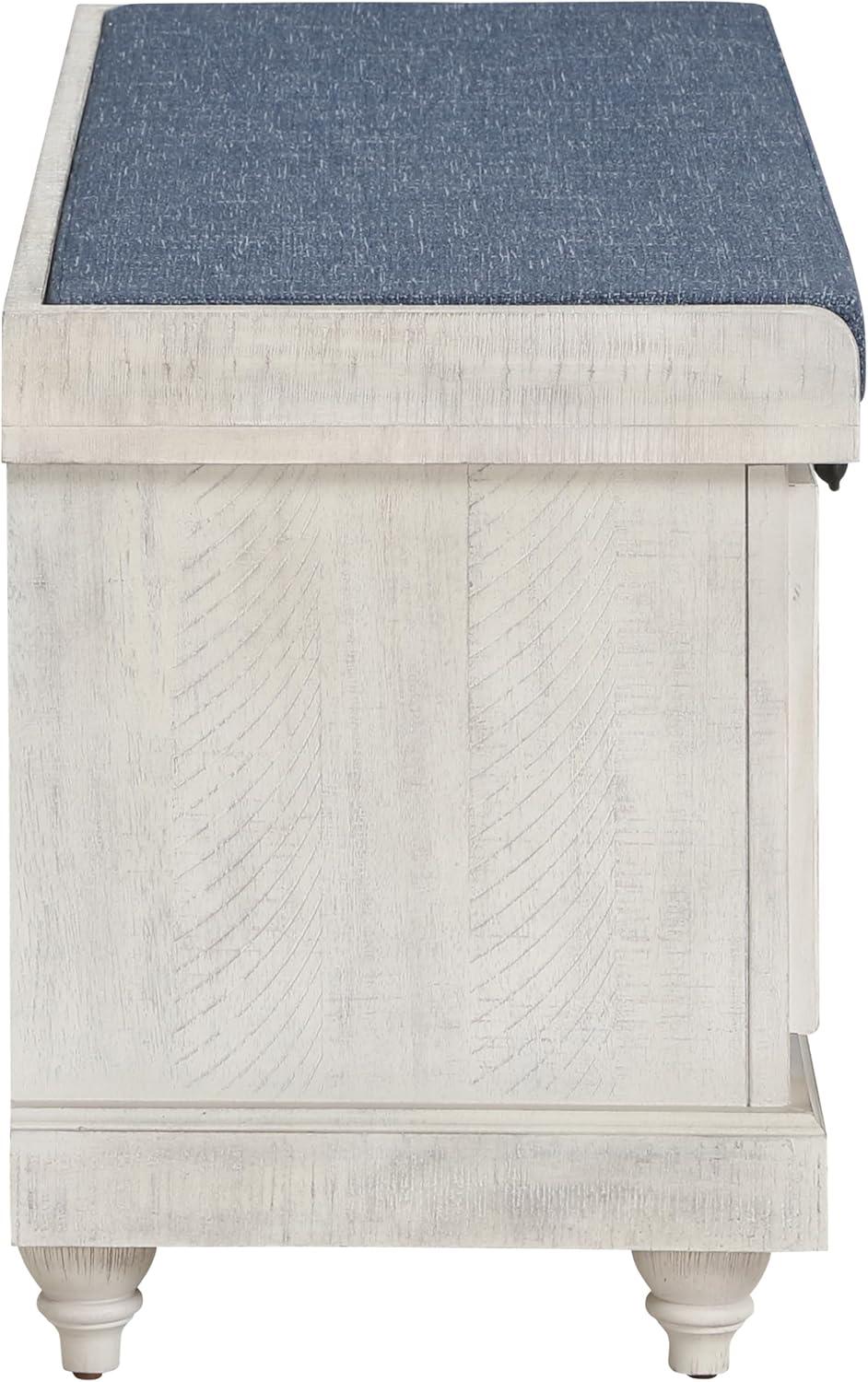 Dover Storage Bench in Wood Distress White with Navy Fabric Cushion ASM