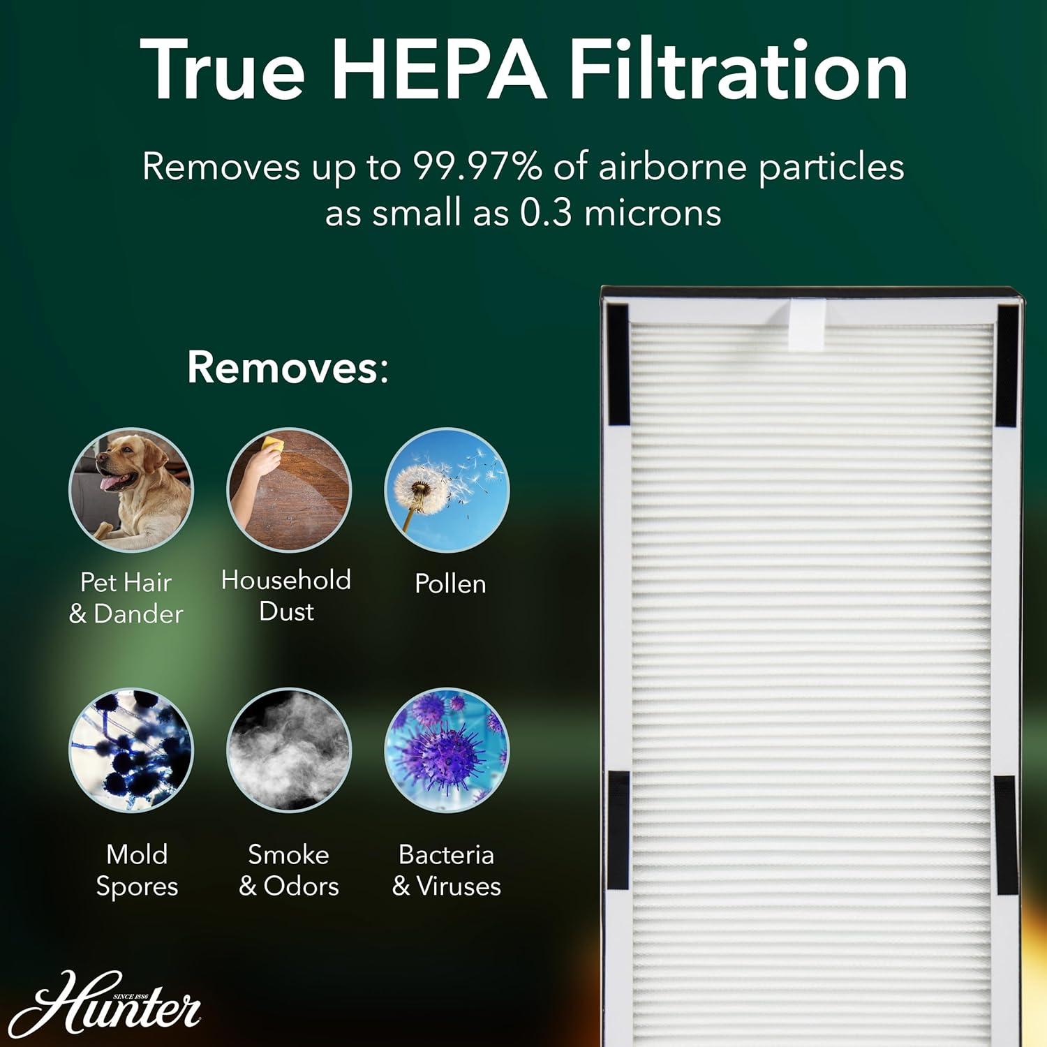 Hunter HP600 Air Purifier. True HEPA Air Purifier Tower for Pets, Odors, Allergens, Smoke, Dust, VOC's. 3 Fan Speeds, Sleep Timer