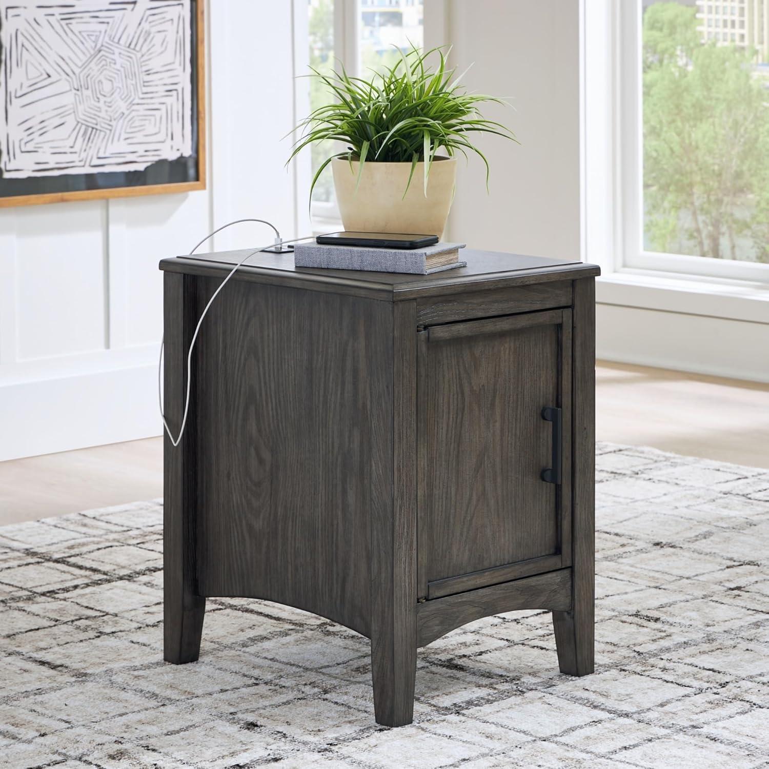 Gray Wood Rectangular End Table with Storage and USB Ports