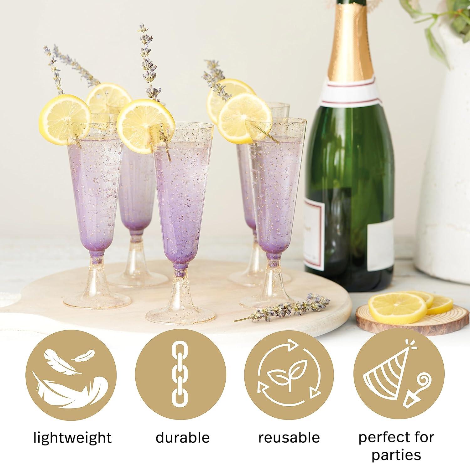 MATANA 50 Premium Plastic Champagne Flutes, Gold Glitter, 5oz - Reusable Champagne Glasses, Cocktail Glasses, Mimosa Glasses for Cocktails, Dessert, Wine - Toasting Glasses for Parties, Weddings