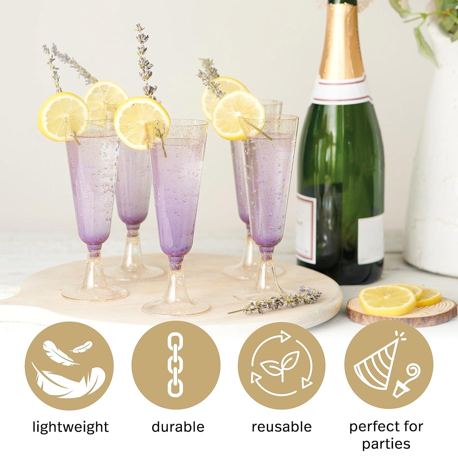 MATANA 50 Premium Plastic Champagne Flutes, Gold Glitter, 5oz - Reusable Champagne Glasses, Cocktail Glasses, Mimosa Glasses for Cocktails, Dessert, Wine - Toasting Glasses for Parties, Weddings
