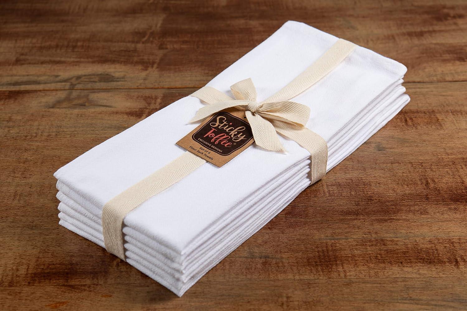 Sticky Toffee Flour Sack Kitchen Towels 100% Cotton White, Set of 6, 28 in x 29 in