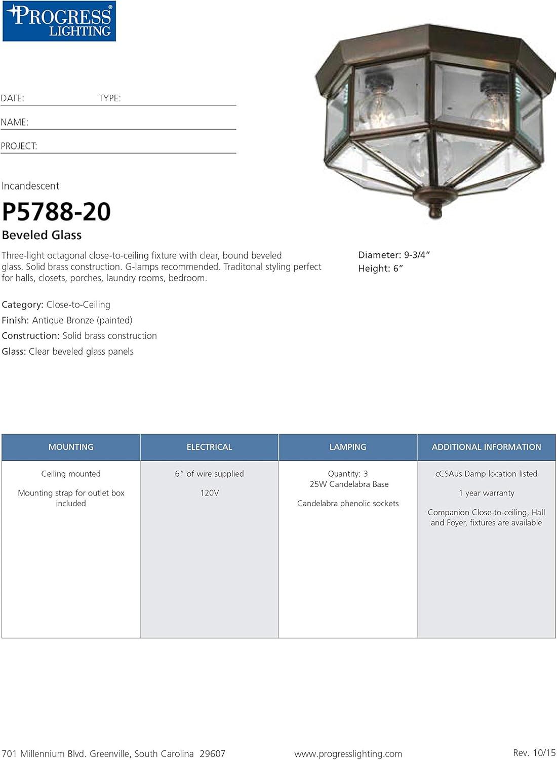 Progress Lighting, Hide-a-lite Iii, 3-Light Flush Mount, Antique Bronze, Clear Beveled Glass, Brass Material