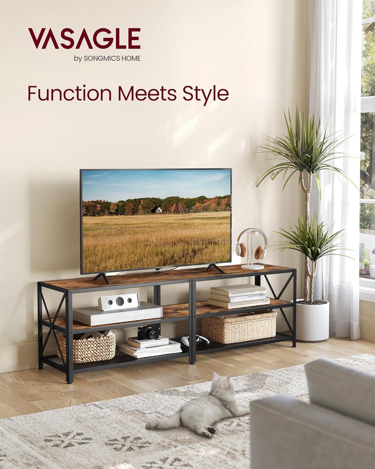 Rustic Brown and Black Steel Frame TV Stand with Shelves