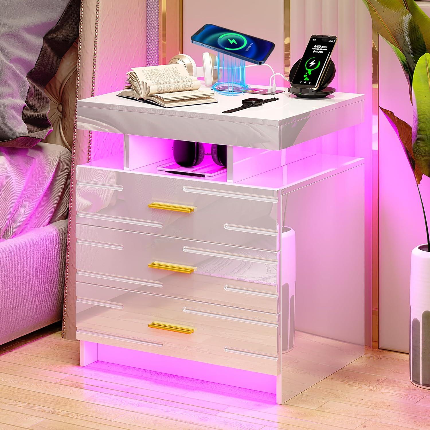 HNEBC Smart LED Nightstand with Wireless Charging & USB Ports, High Glossy Night Stand with 3 Drawers and 1 Pull-Out Tray, Modern Bedside Table with Human Sensor for Bedroom (White)