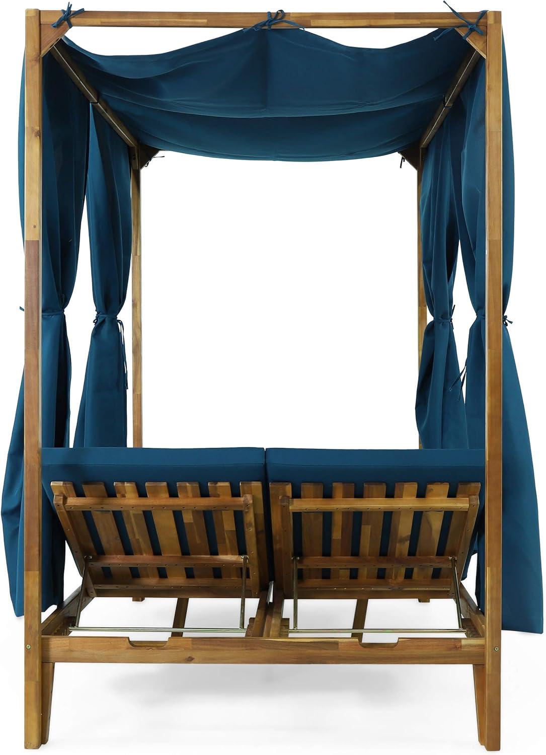 Christopher Knight Home Kinzie Outdoor 2-seat Adjustable Acacia Daybed w/ Curtains by  - 51.25" L x 78.75" W x 78.75" H Teak + Blue