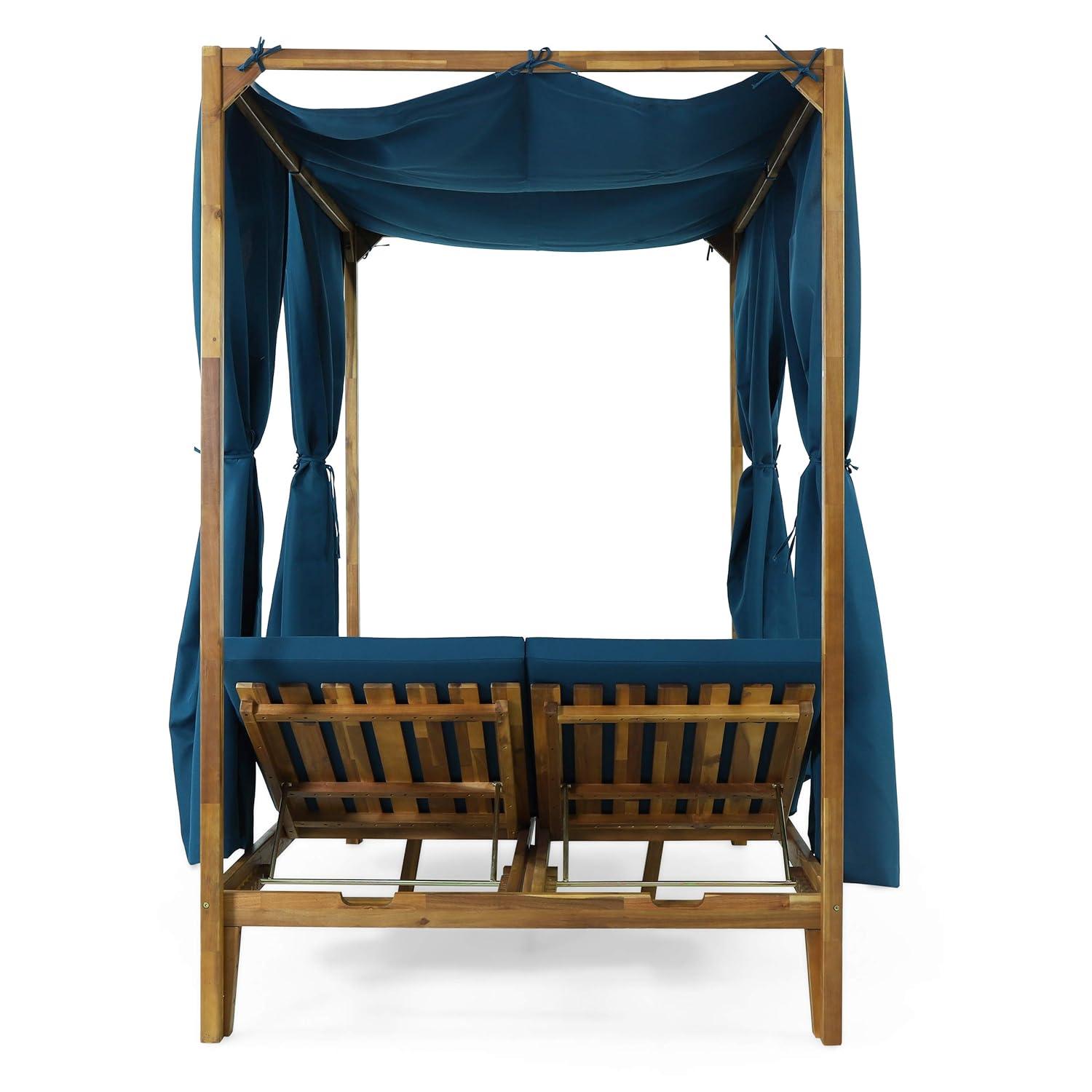 Christopher Knight Home Kinzie Outdoor 2-seat Adjustable Acacia Daybed w/ Curtains by  - 51.25" L x 78.75" W x 78.75" H Teak + Blue