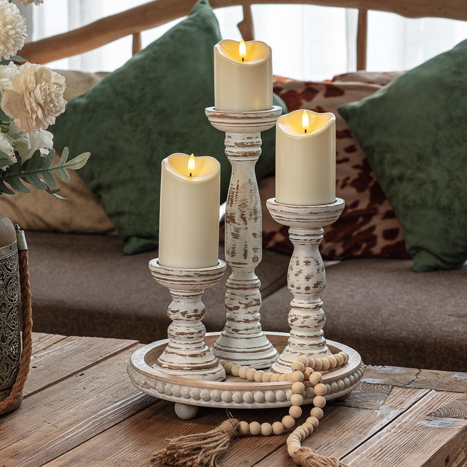 Farmhouse Wood Candle Holders For Pillar Candles Set Of 3