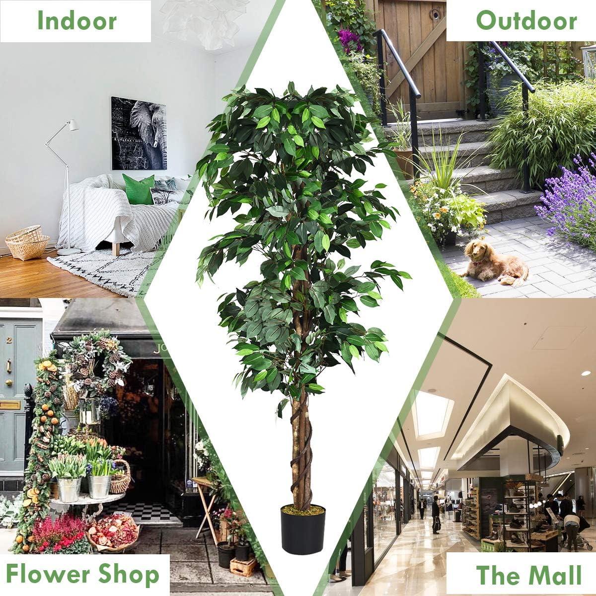 Costway 4 Feet/6 Feet Artificial Ficus Silk Tree Wood Trunks Green In/Outdoor Home Decor