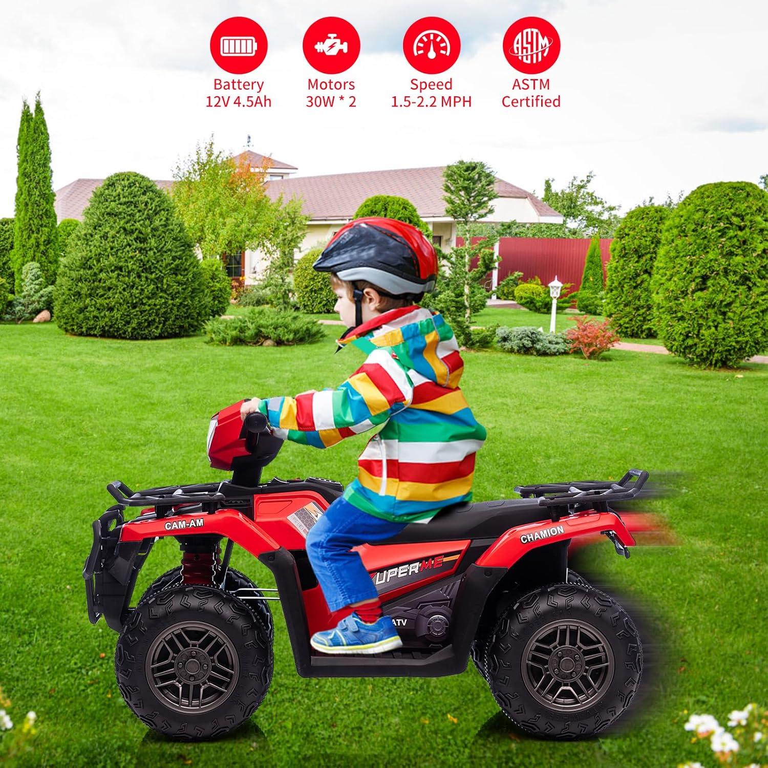 Jojoka 12V Kids ATV Ride on Car, Battery Powered Electric Toys Vehicle for Toddlers,High/Low 2.2mph Safety Speed for Child, Forward/Backward, LED Light, Music, Gift for 3-6 Years Boys & Girls, Red