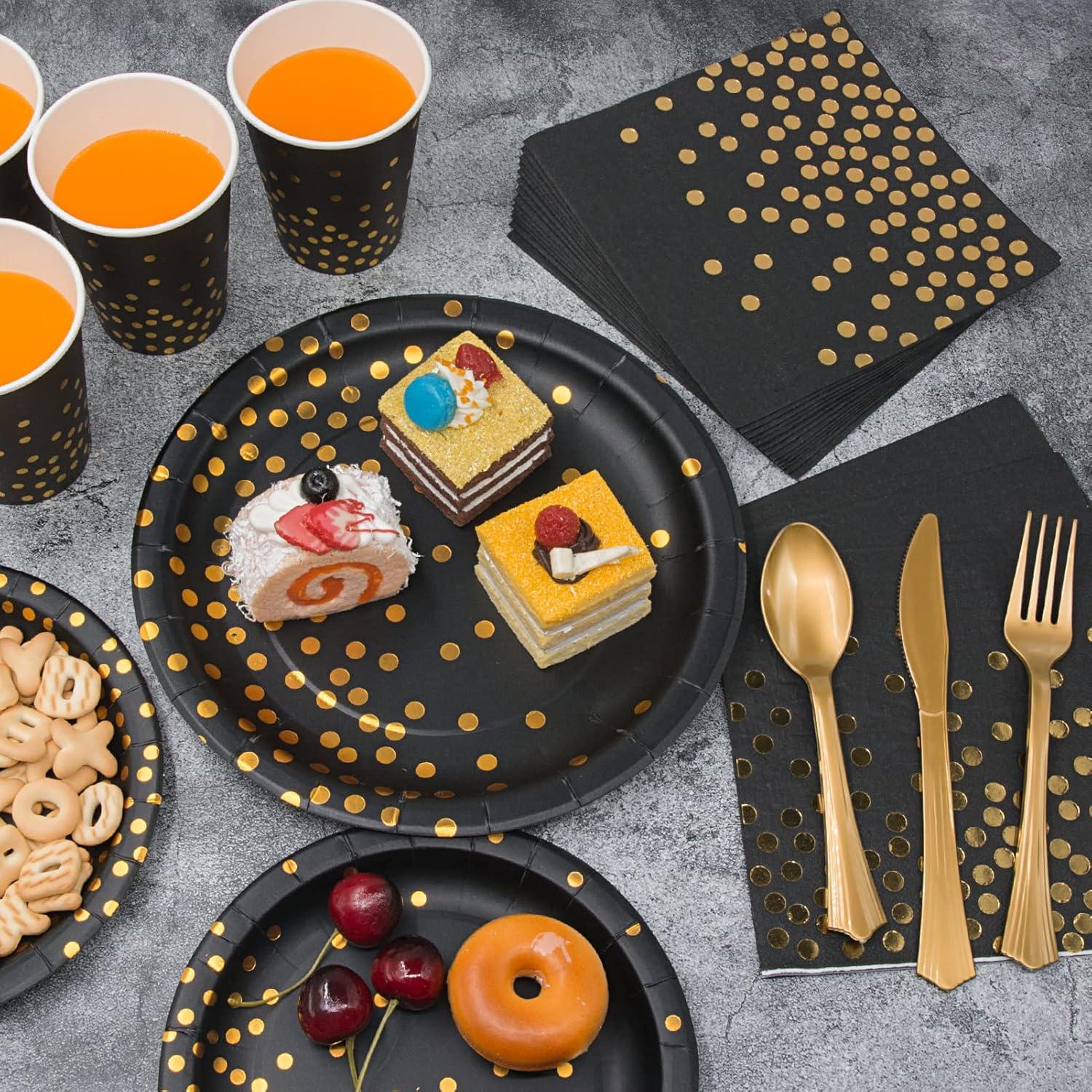 Black and Gold Party Supplies - 350 PCS Disposable Dinnerware Set - Black Paper Plates Napkins Cups, Gold Plastic Forks Knives Spoons for Birthday Christmas Halloween Thanksgiving New Years Eve Party