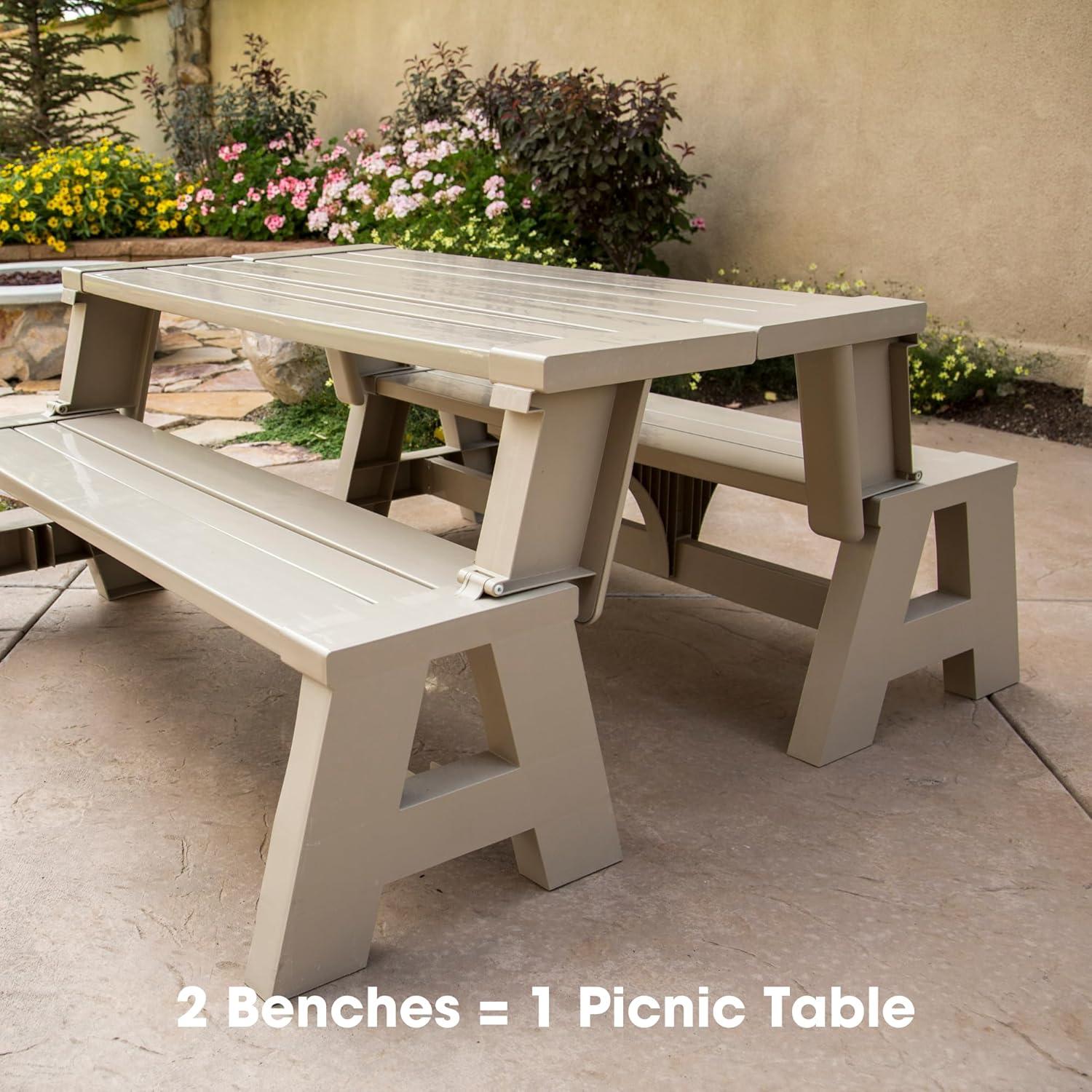 Transformable Tan Outdoor Bench-to-Table Resin Combo