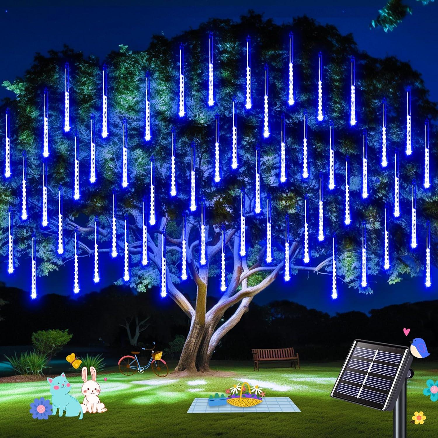 YZhouD 30cm 8-Tube 144 LED Warm White Solar Meteor Rain Lights - Falling Fairy String Lights for Xmas Tree, Wedding, Holiday Party Decor