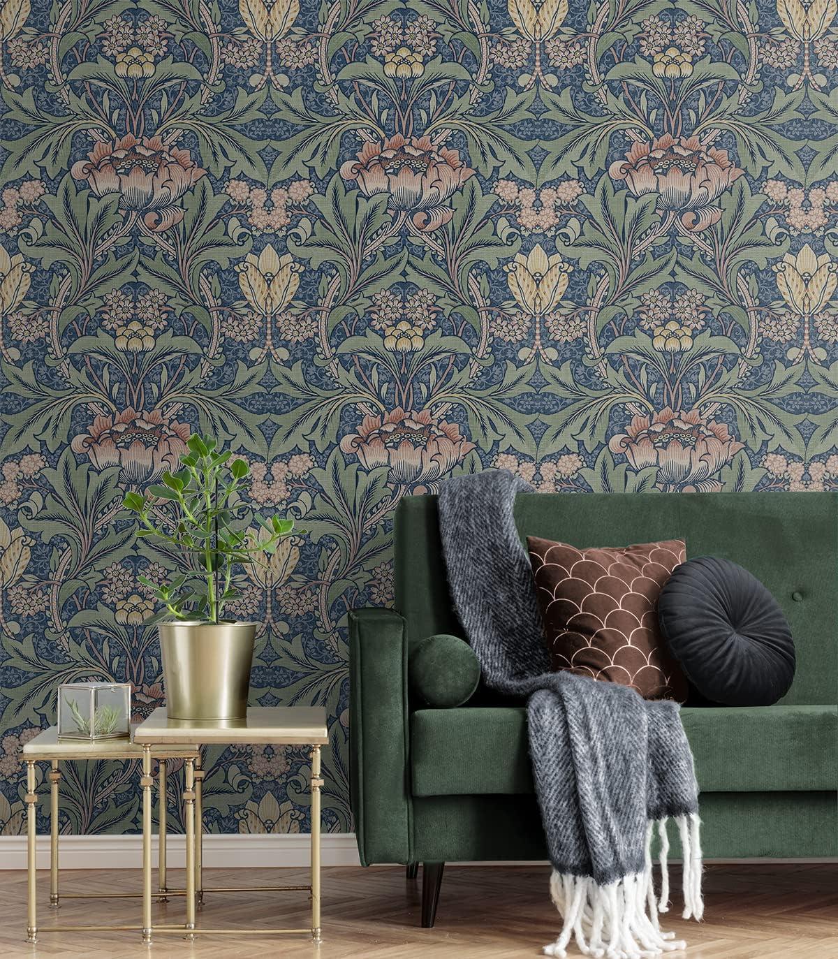 NextWall Acanthus Floral Peel and Stick Wallpaper Blue Denim: Vintage Botanical Vinyl, Self-Adhesive, Washable, 30.75 Sq Ft Coverage