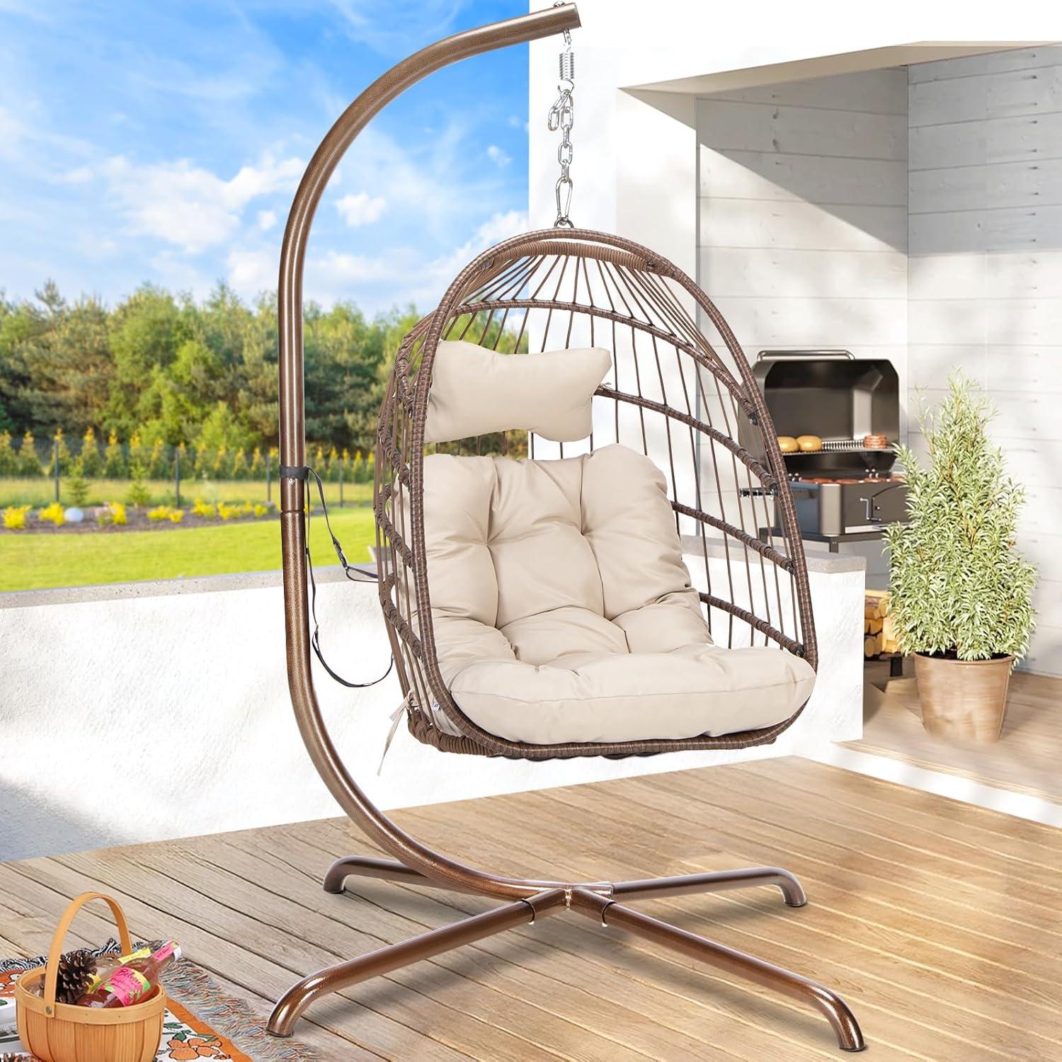 RADIATA Outdoor Foldable Hanging Egg Chair with Stand, PE Wicker Swing Chair with Cushion and Headrest, 350 lbs Capacity, Beige
