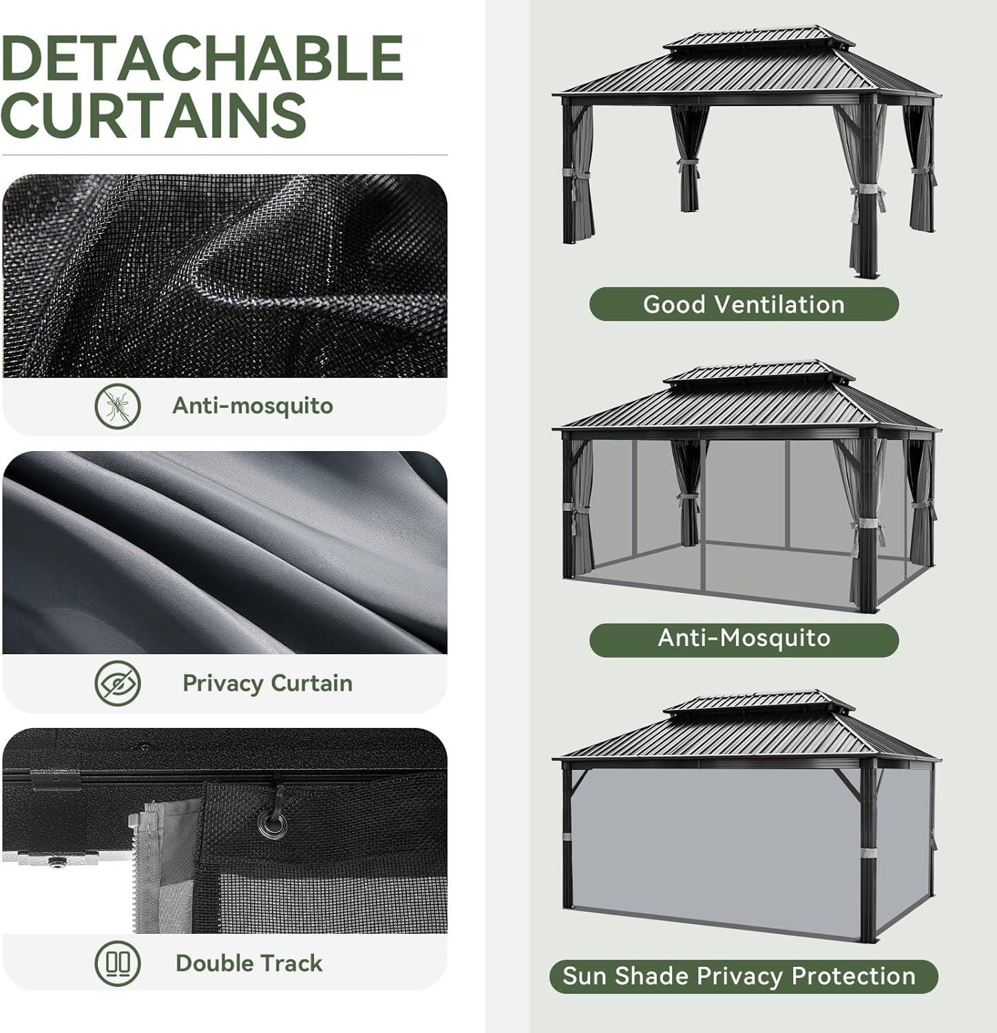 Kozyard Kozyard Alexander Gray Double Roof Hardtop Gazebo with Privacy Curtain Mosquito Netting