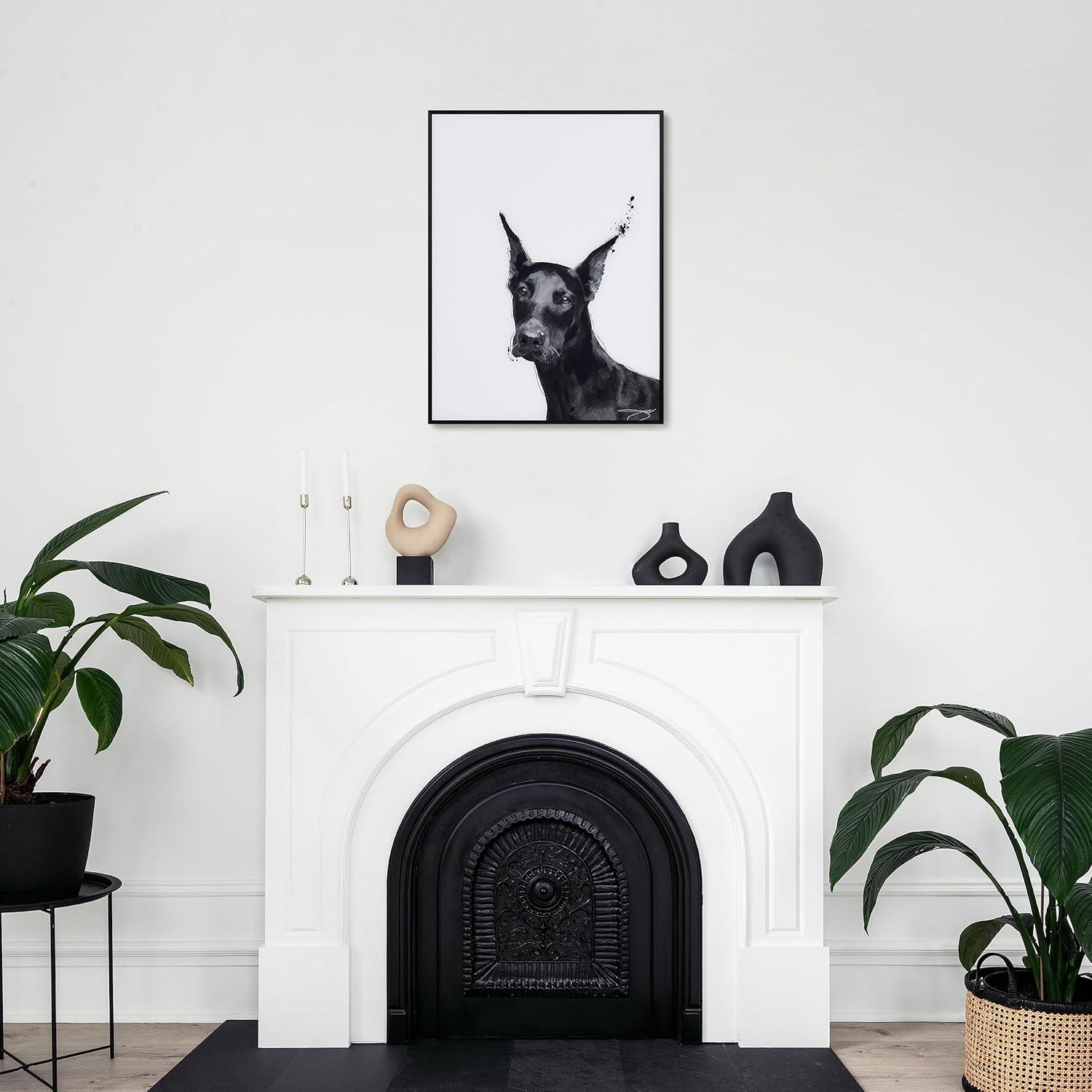 "Doberman" Black and White Pet Paintings on Printed Glass Encased with a Gunmetal Anodized Frame