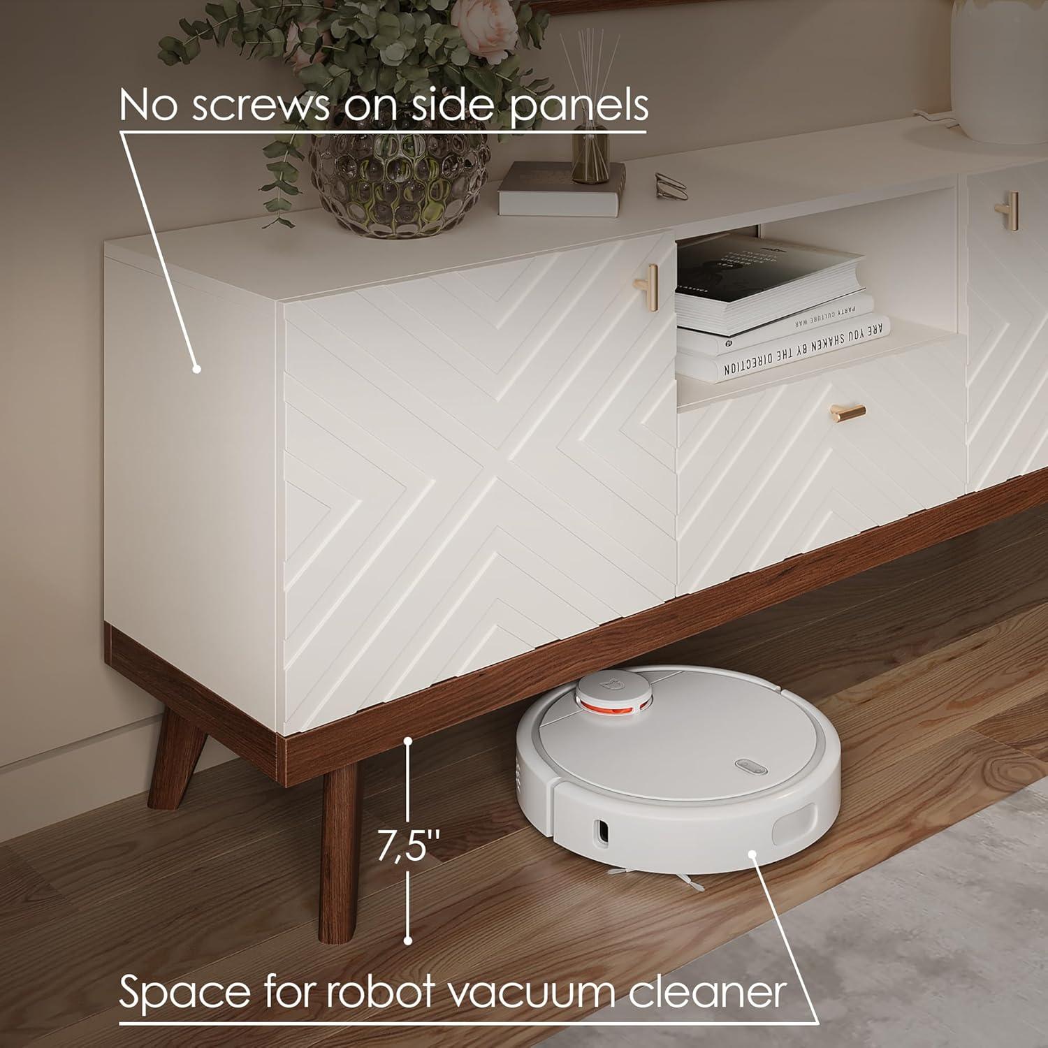 Living Skog  Alba Beige TV Stand Console with Drawer Fits TV's up to 65 in. with Wood Legs Mid Century Modern Design Beige Laminate Up to 240 lbs