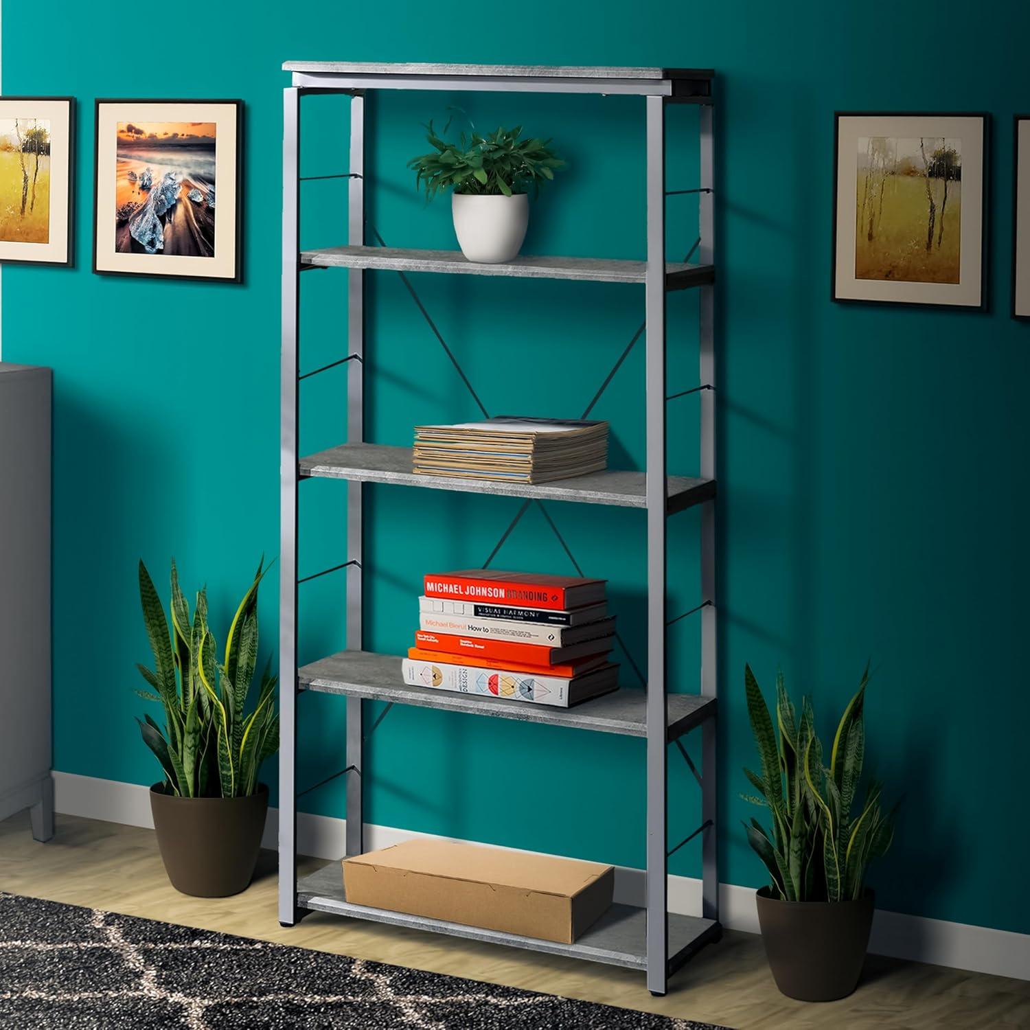 Gray Wood and Metal Industrial 4-Shelf Bookcase