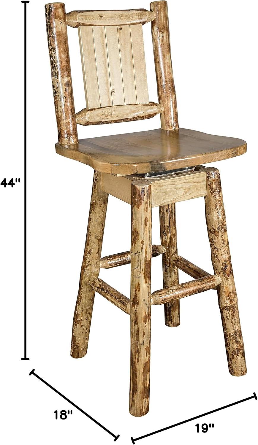 Rustic Lodge Pole Pine Swivel Barstool with Laser-Engraved Wolf