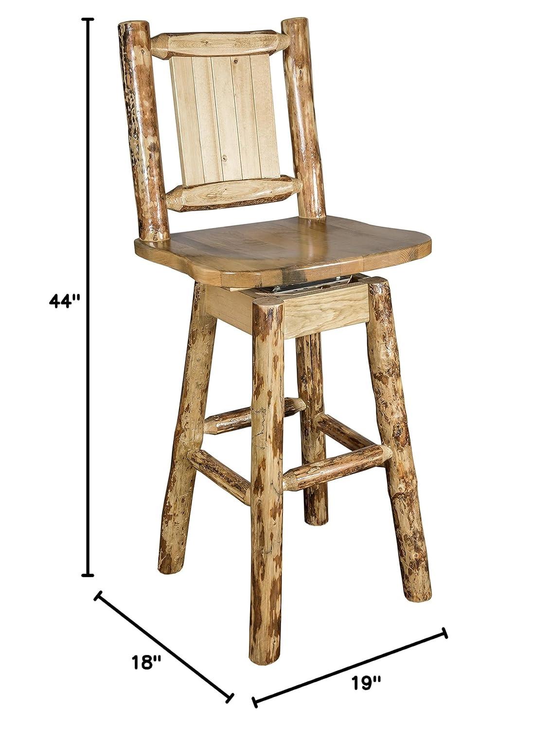 Rustic Lodge Pole Pine Swivel Barstool with Laser-Engraved Wolf
