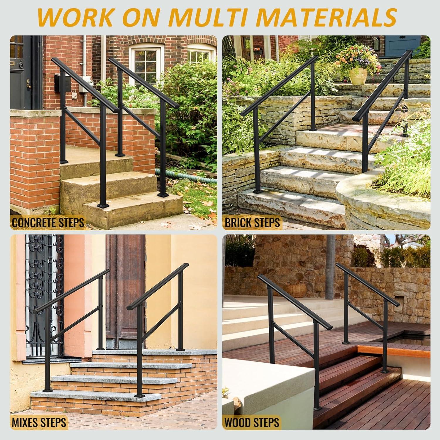 ROOMTEC 2 Pack 5 Step Handrails - Outdoor Safety Hand Rails, Black Wrought Iron Stair Railing Kit (4-5 Steps)