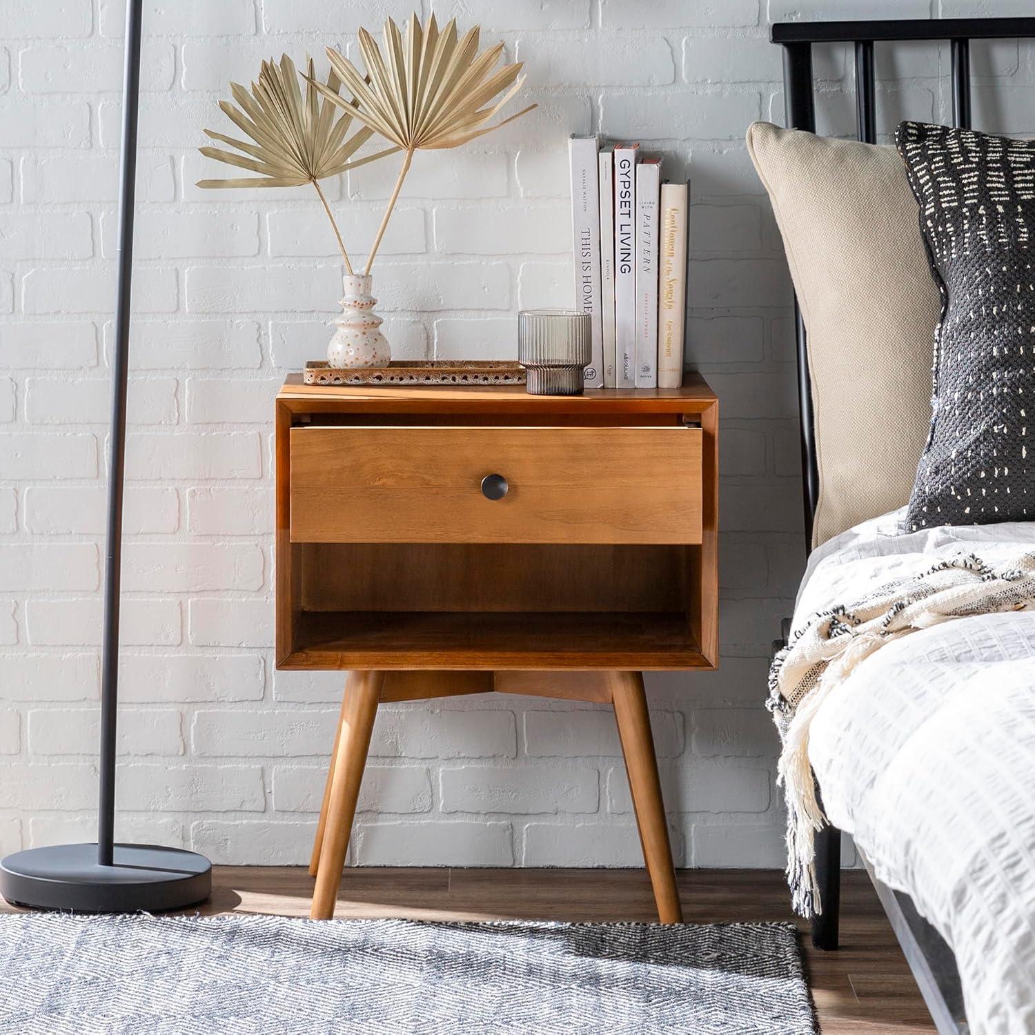 Mid-Century Caramel Solid Pine Nightstand with Antique Metal Hardware