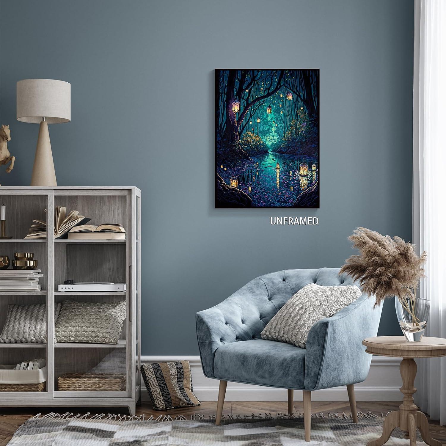 Fantasy Blue Forest Lanterns Canvas Wall Art 16x24