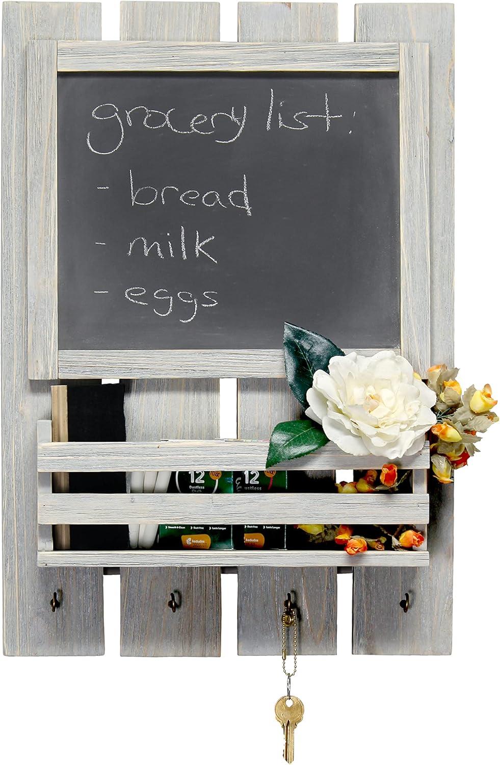 Chalkboard Sign with Key Holder Hooks and Mail Storage - Elegant Designs